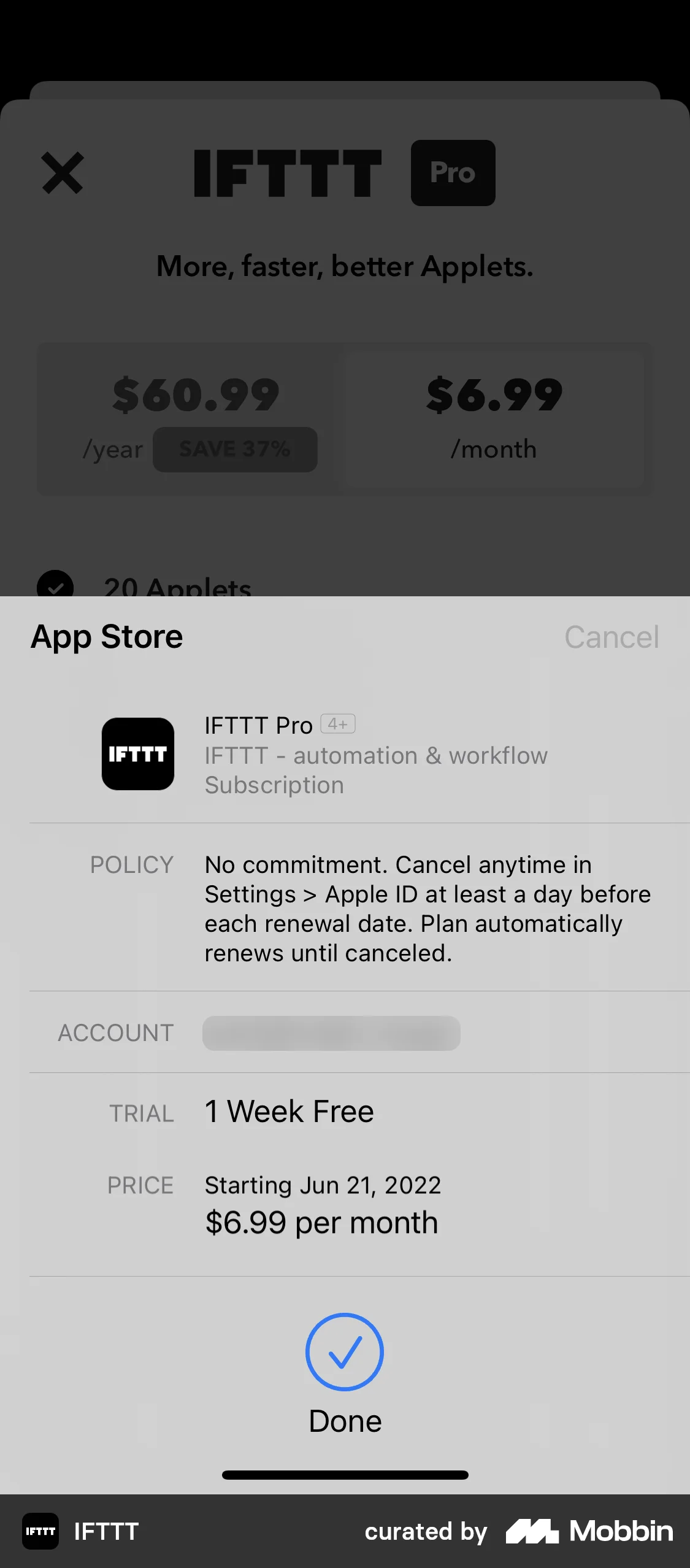 IFTTT Subscribing to IFTTT Pro screen