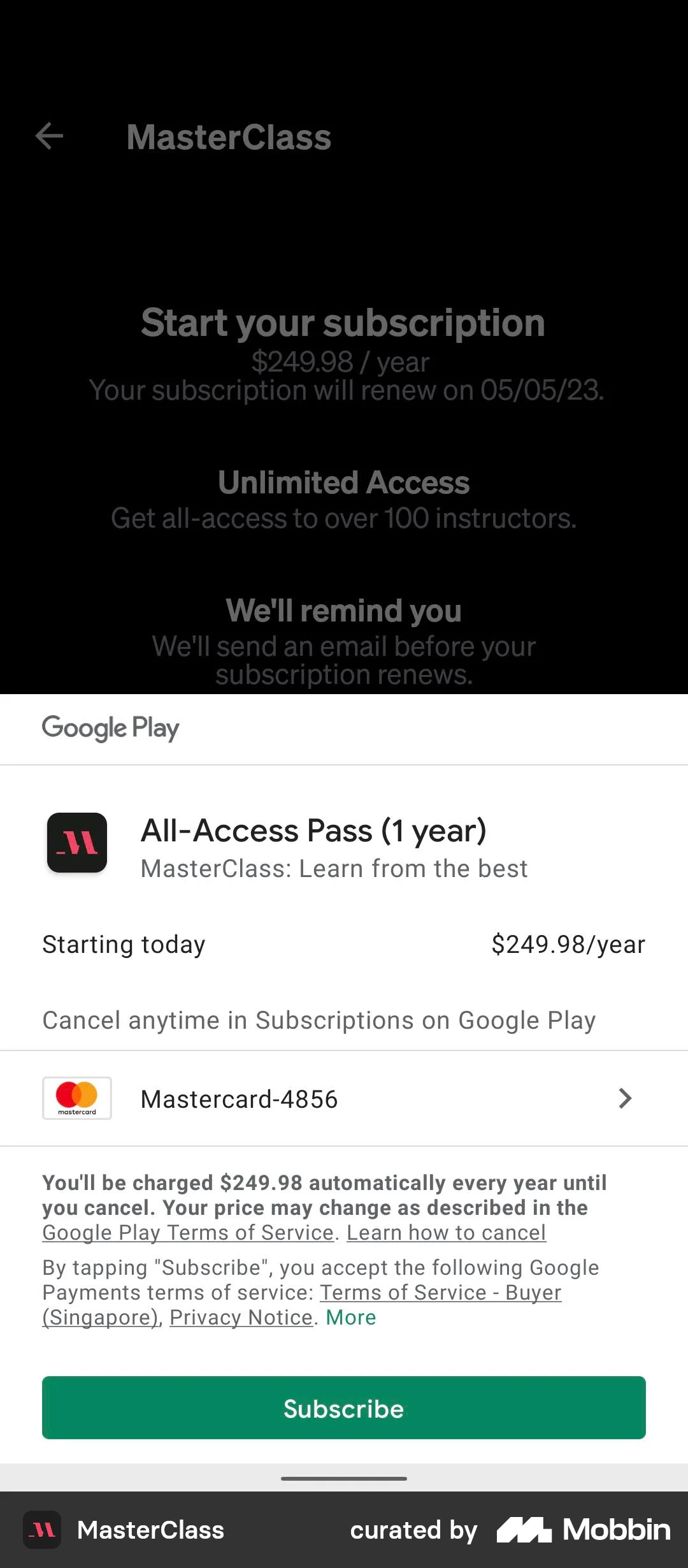 MasterClass Subscribing to Premium screen