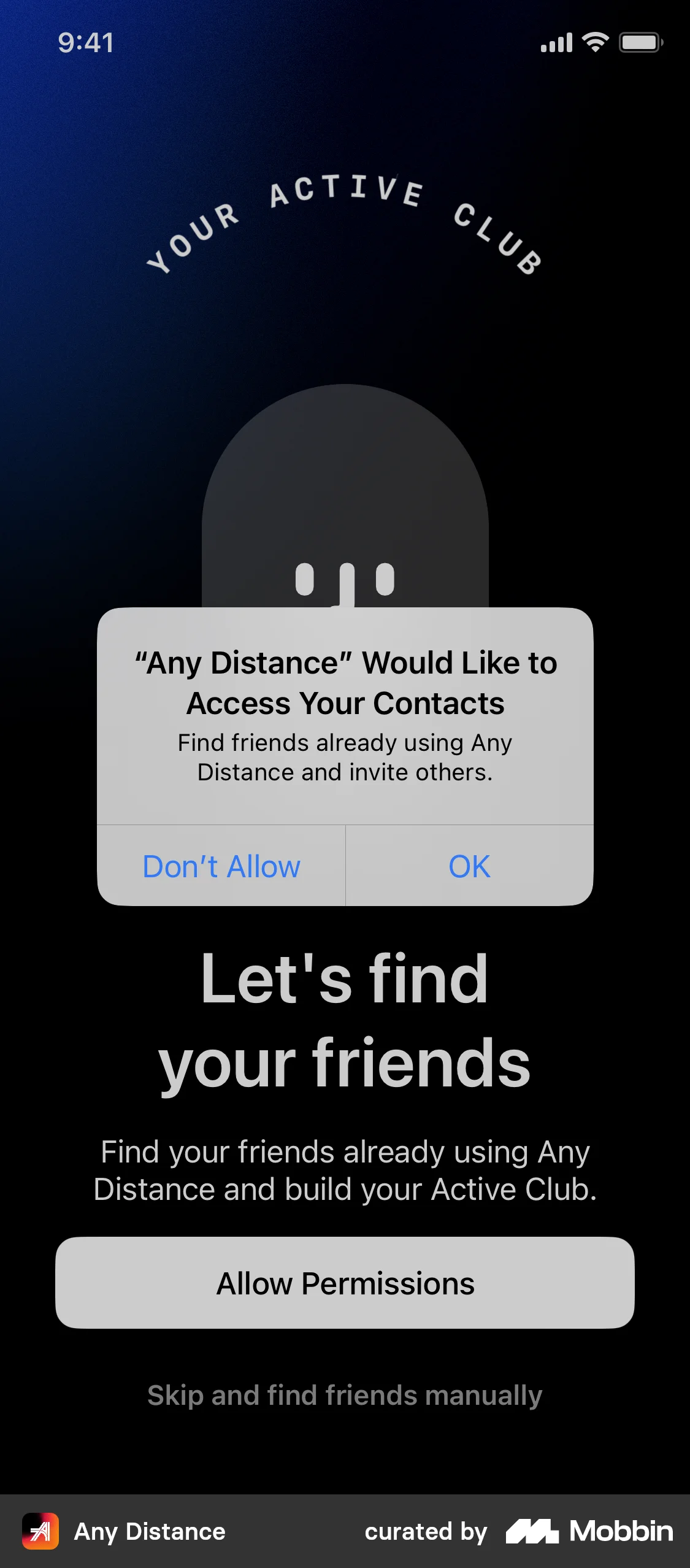 Any Distance Onboarding screen