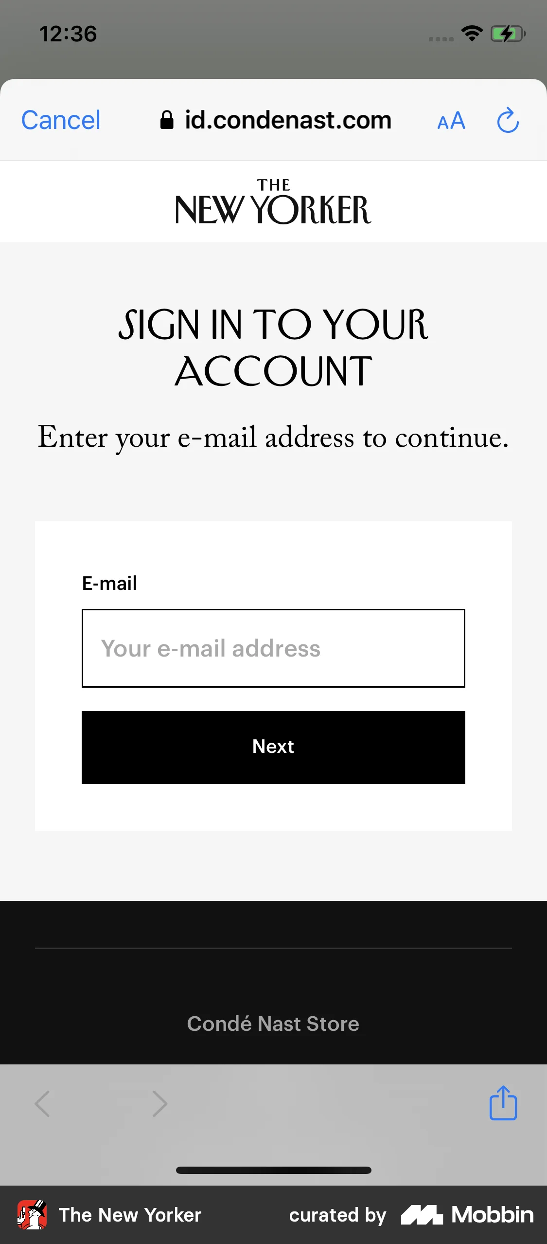 The New Yorker Onboarding screen