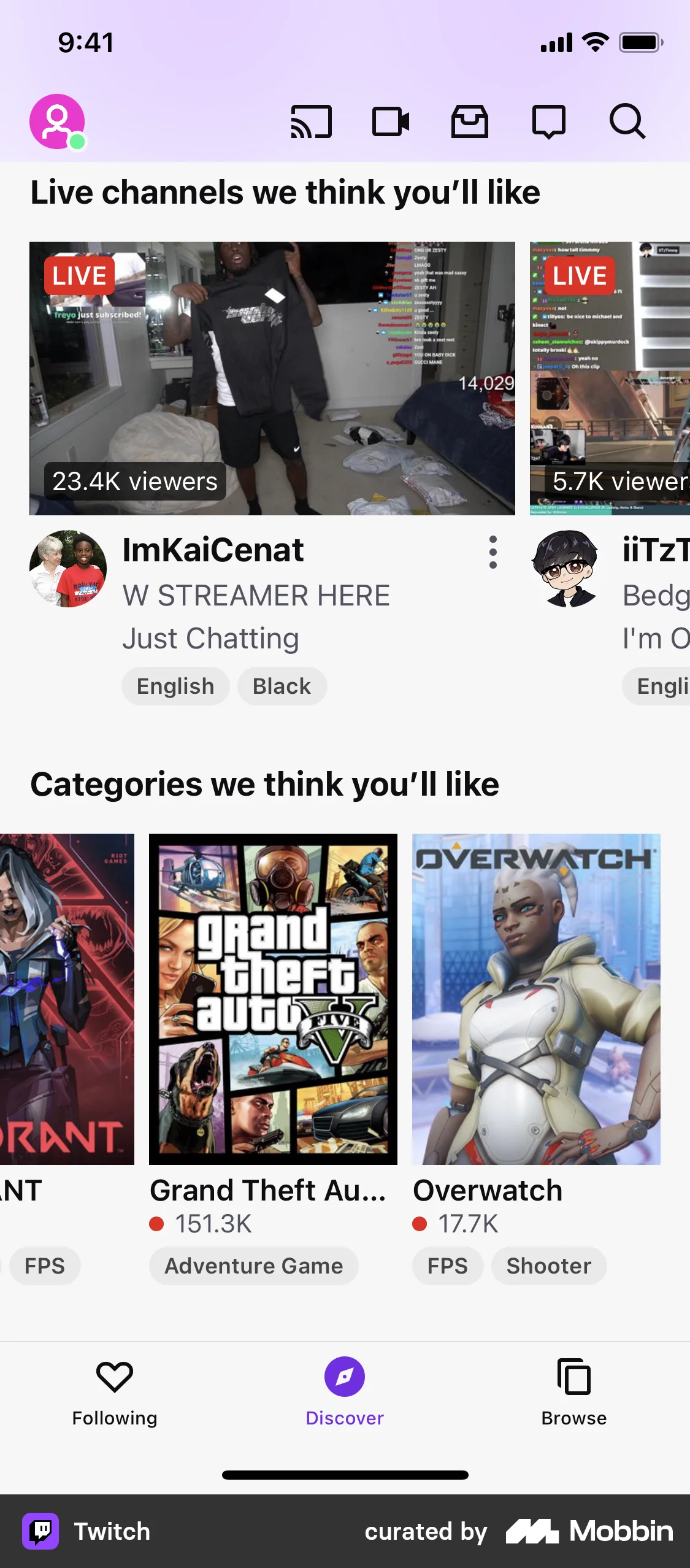 Twitch Discover screen