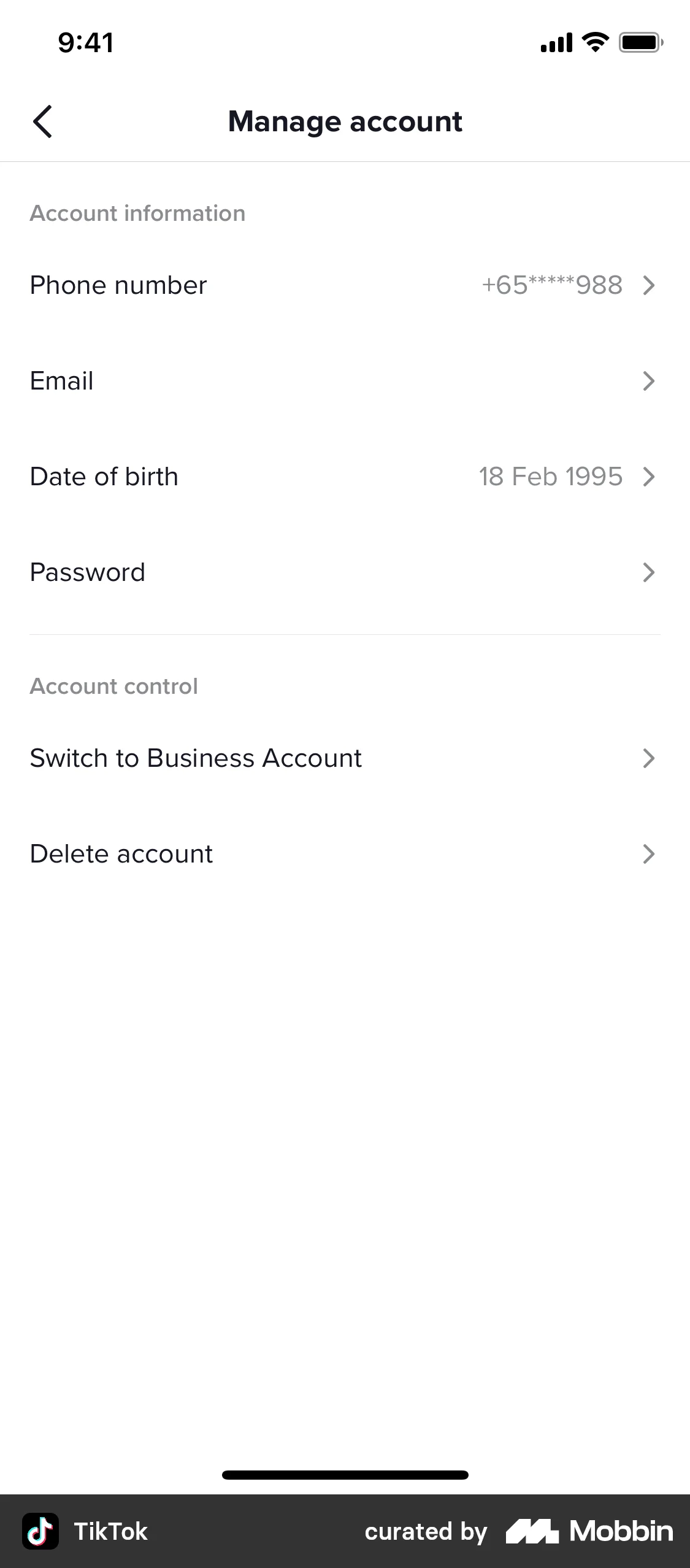 TikTok Switching to business account screen