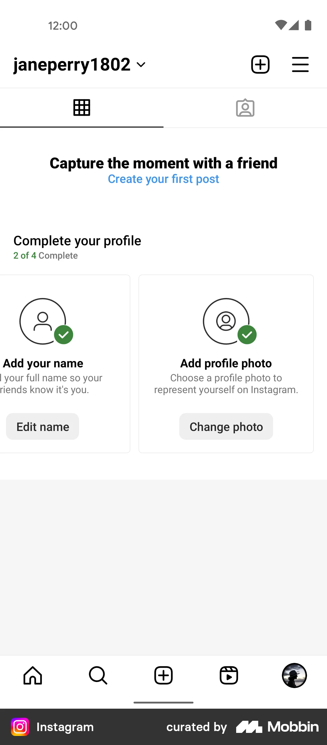 Instagram Complete profile setup screen