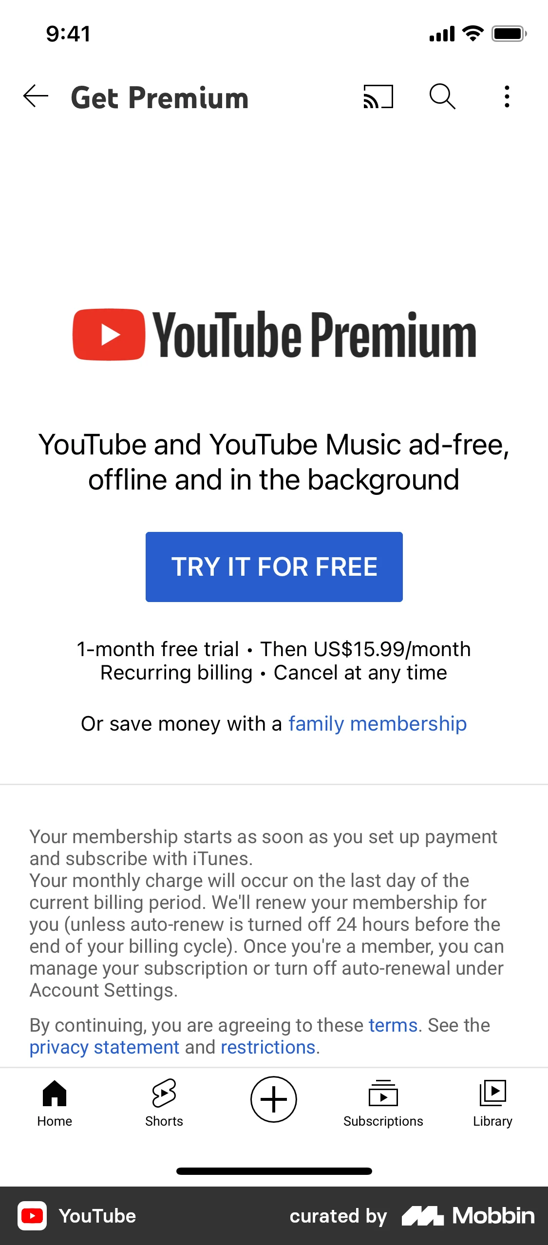 YouTube Subscribing to premium screen