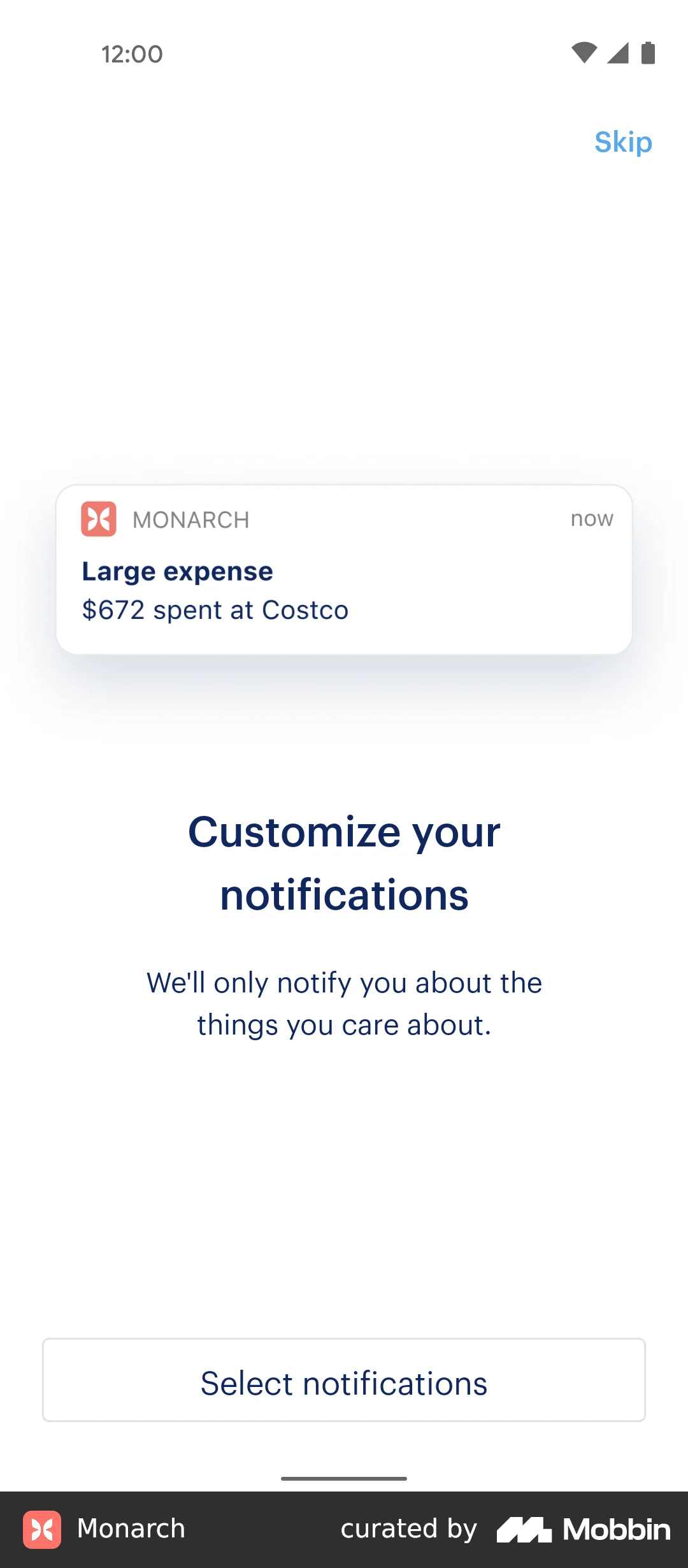Monarch Connecting to a bank account screen