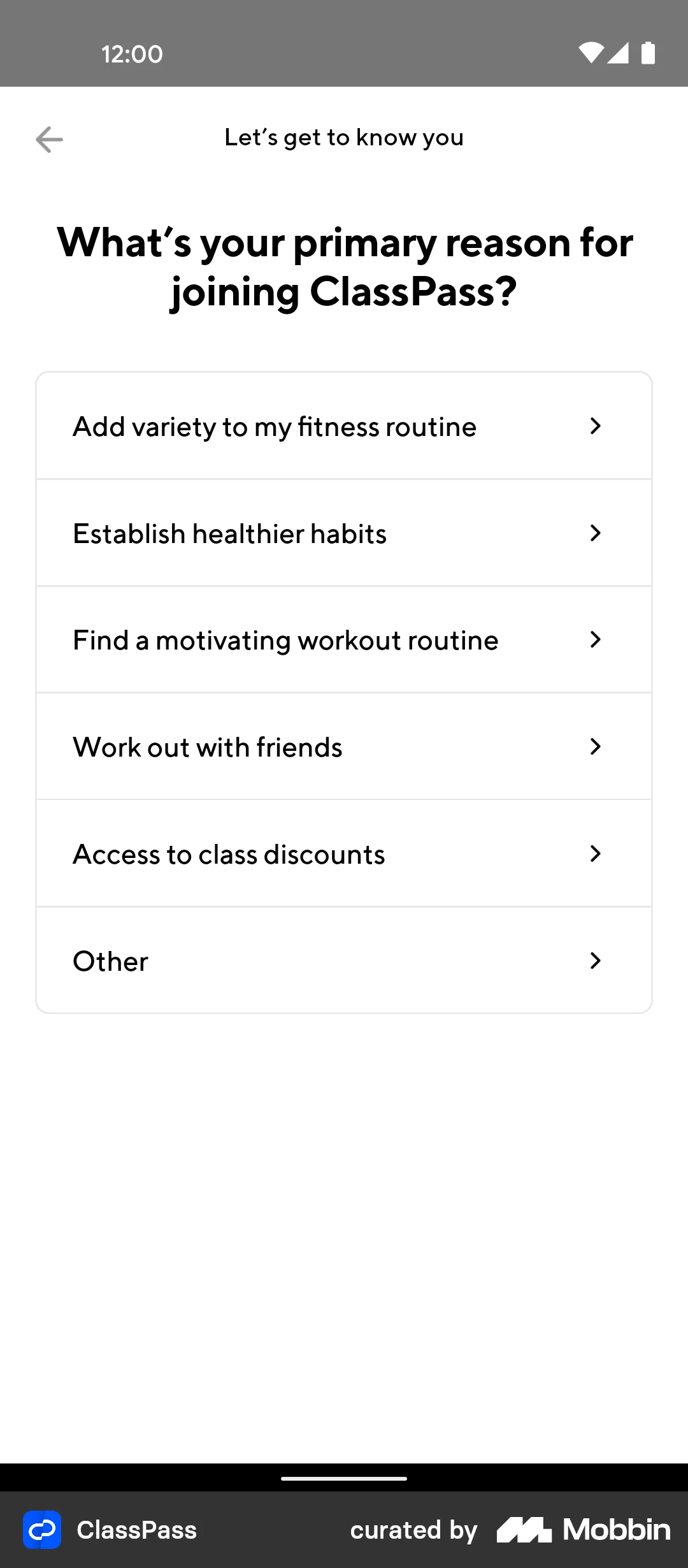 ClassPass Setting your preferences screen