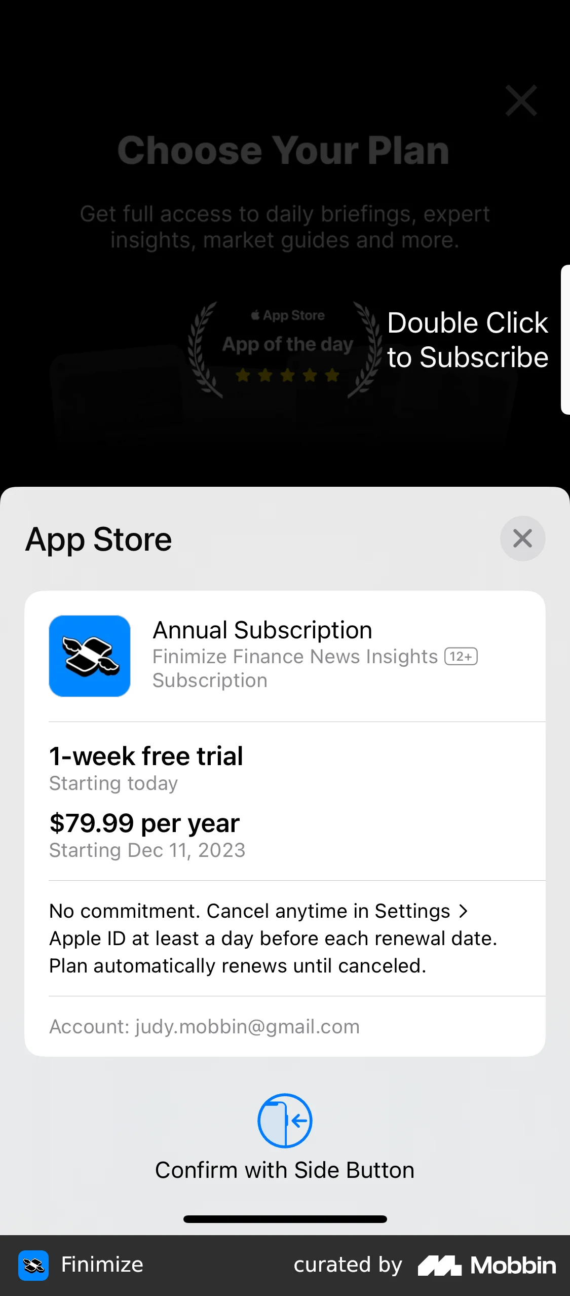 Finimize Subscribing to Plan screen