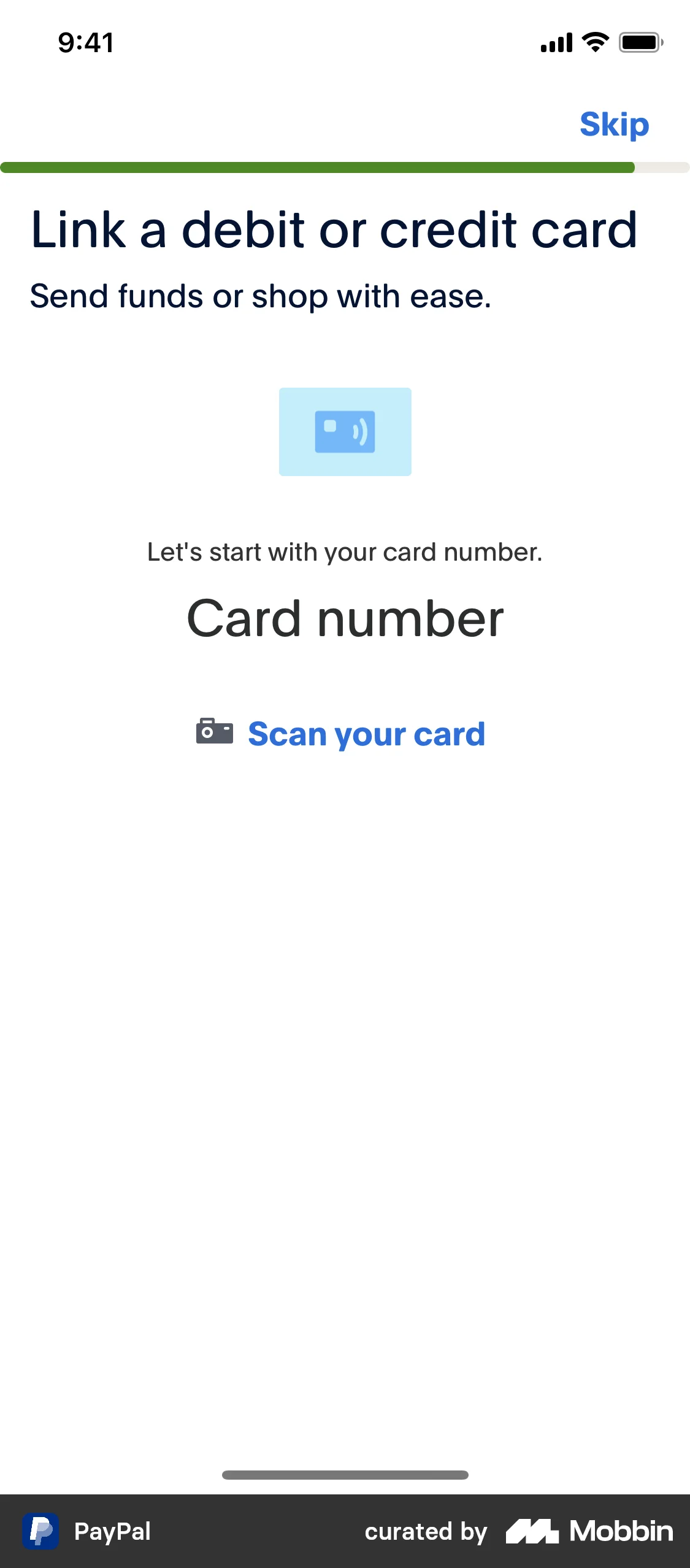 PayPal Linking a debit card screen
