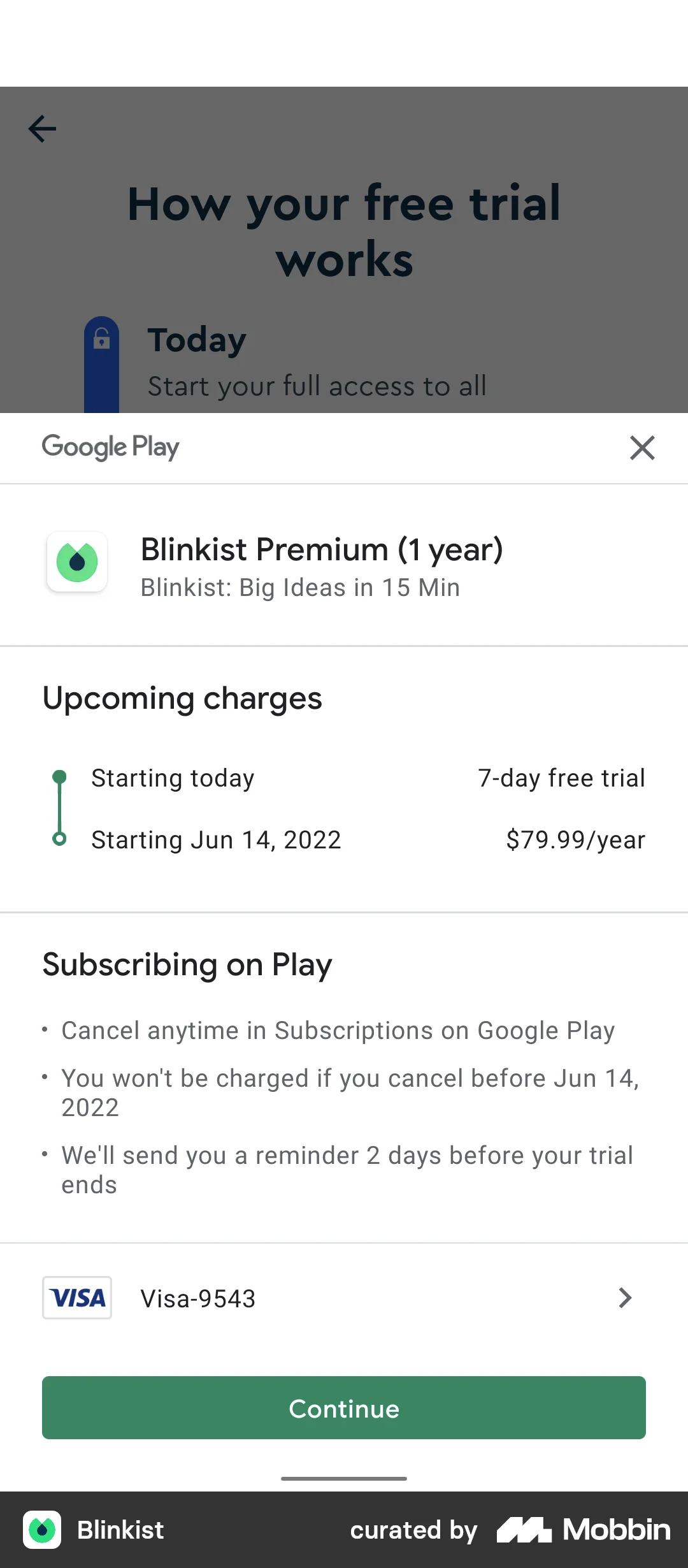 Blinkist Subscribing to premium screen