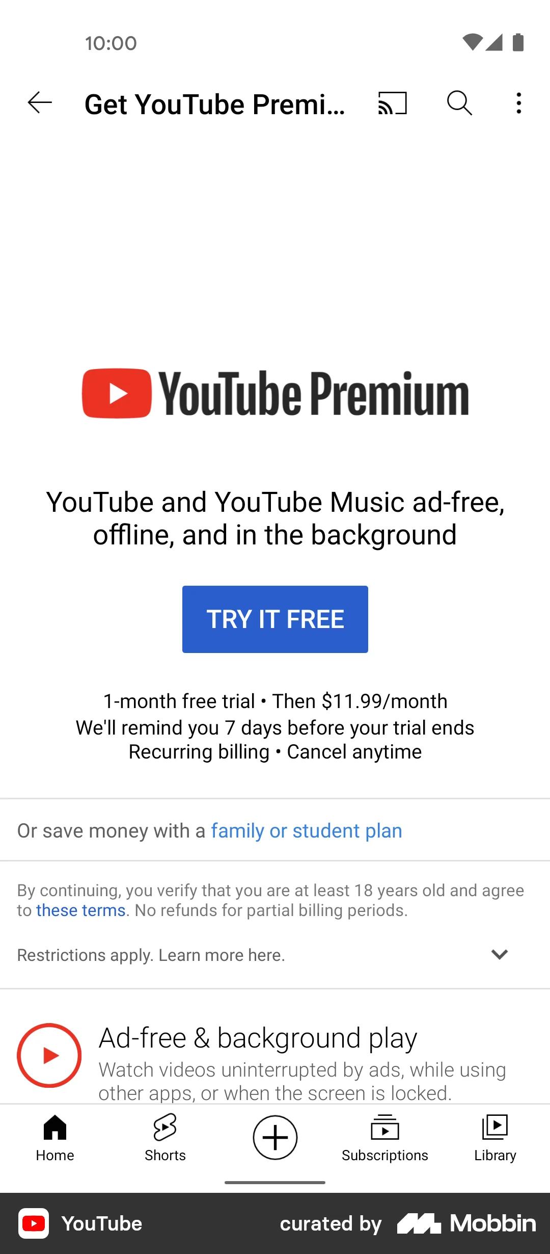 YouTube YouTube Premium screen