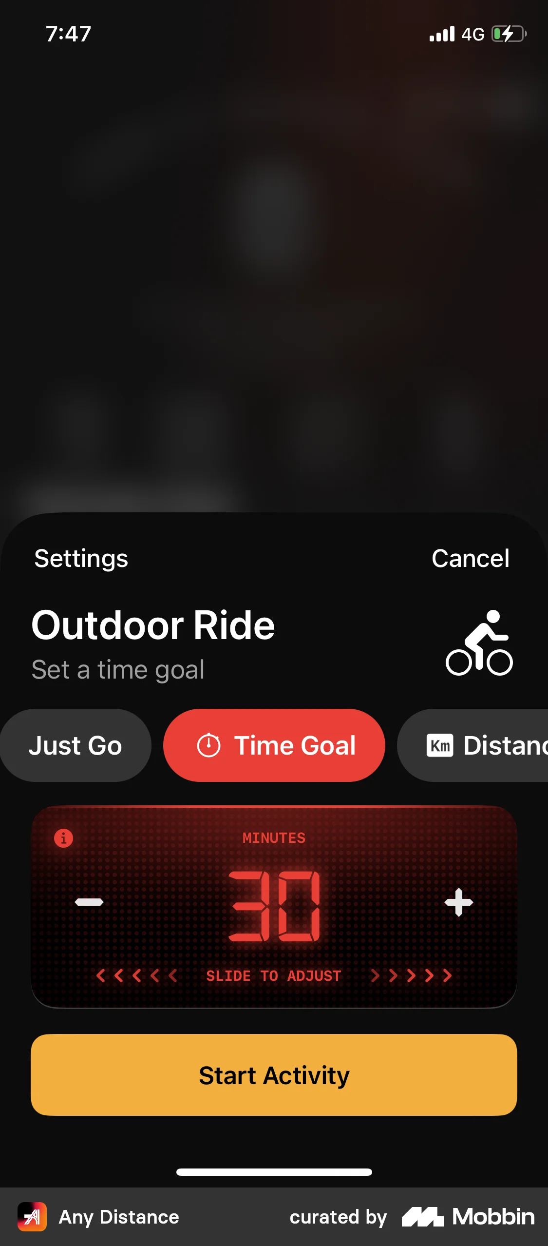 Any Distance Starting new activity screen