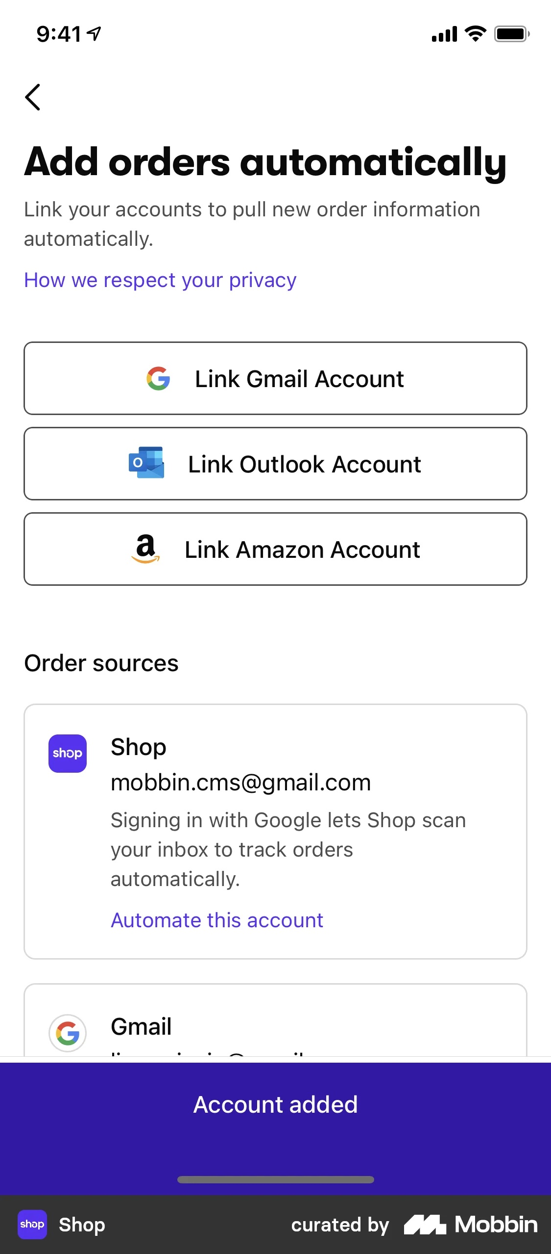 Shop Adding an account screen