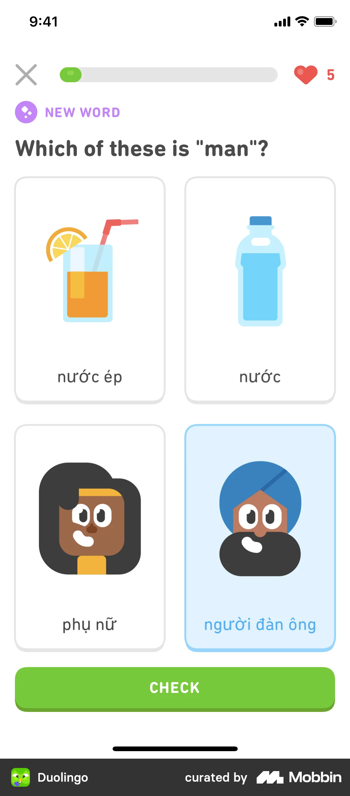 Duolingo Taking quiz to find level screen