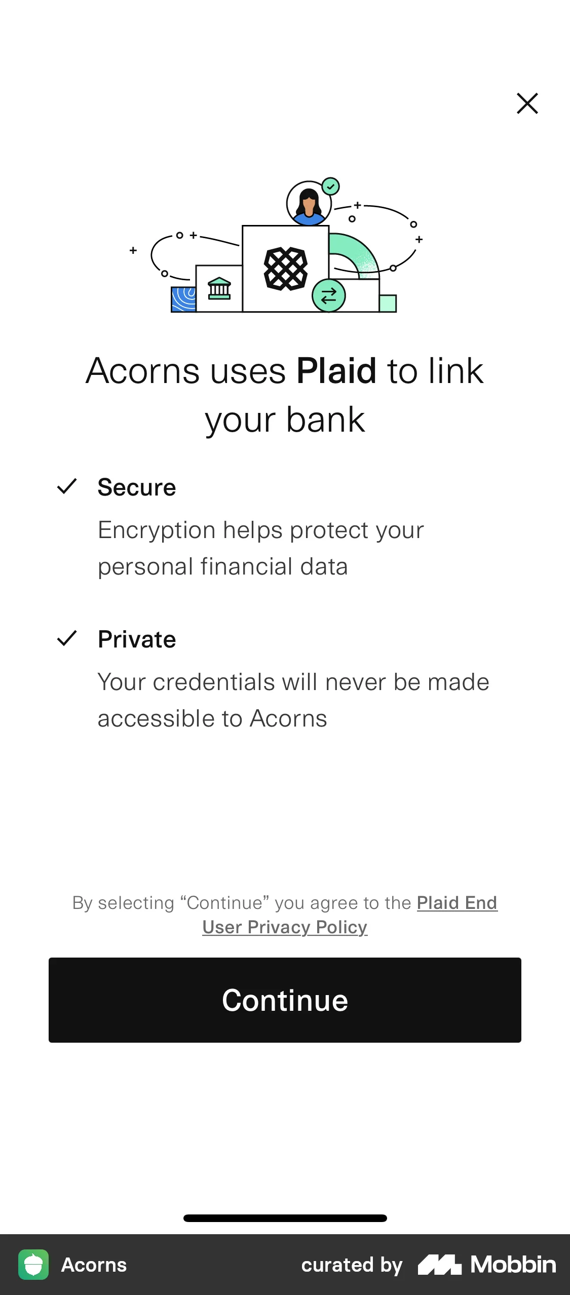Acorns Connecting a bank account screen