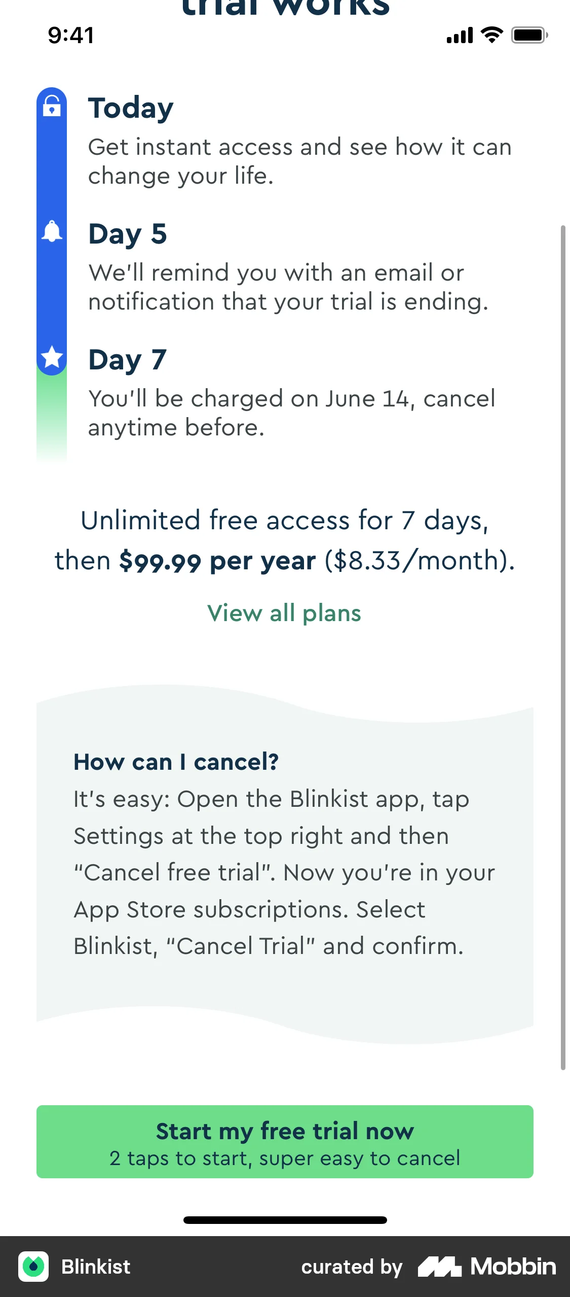 Blinkist Subscribing to premium screen