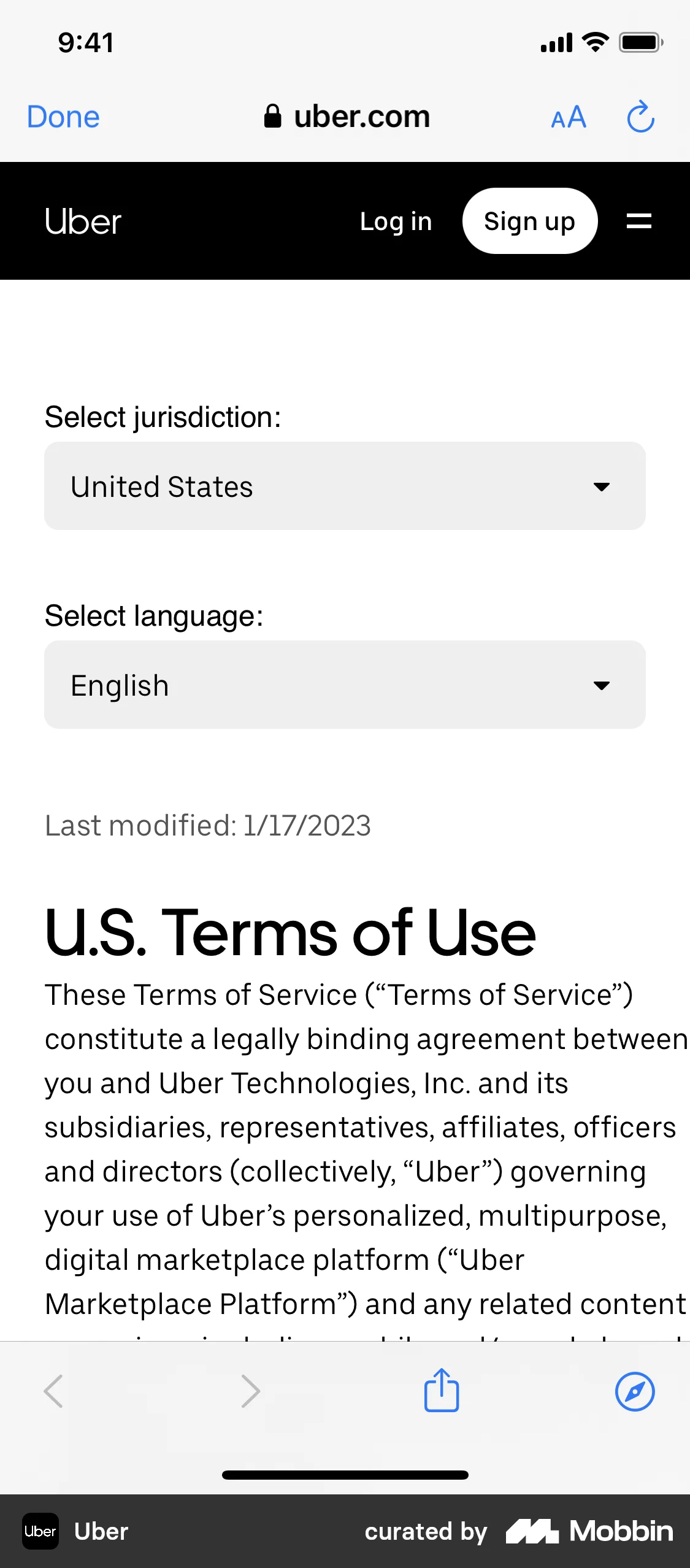 Uber Terms & conditions screen