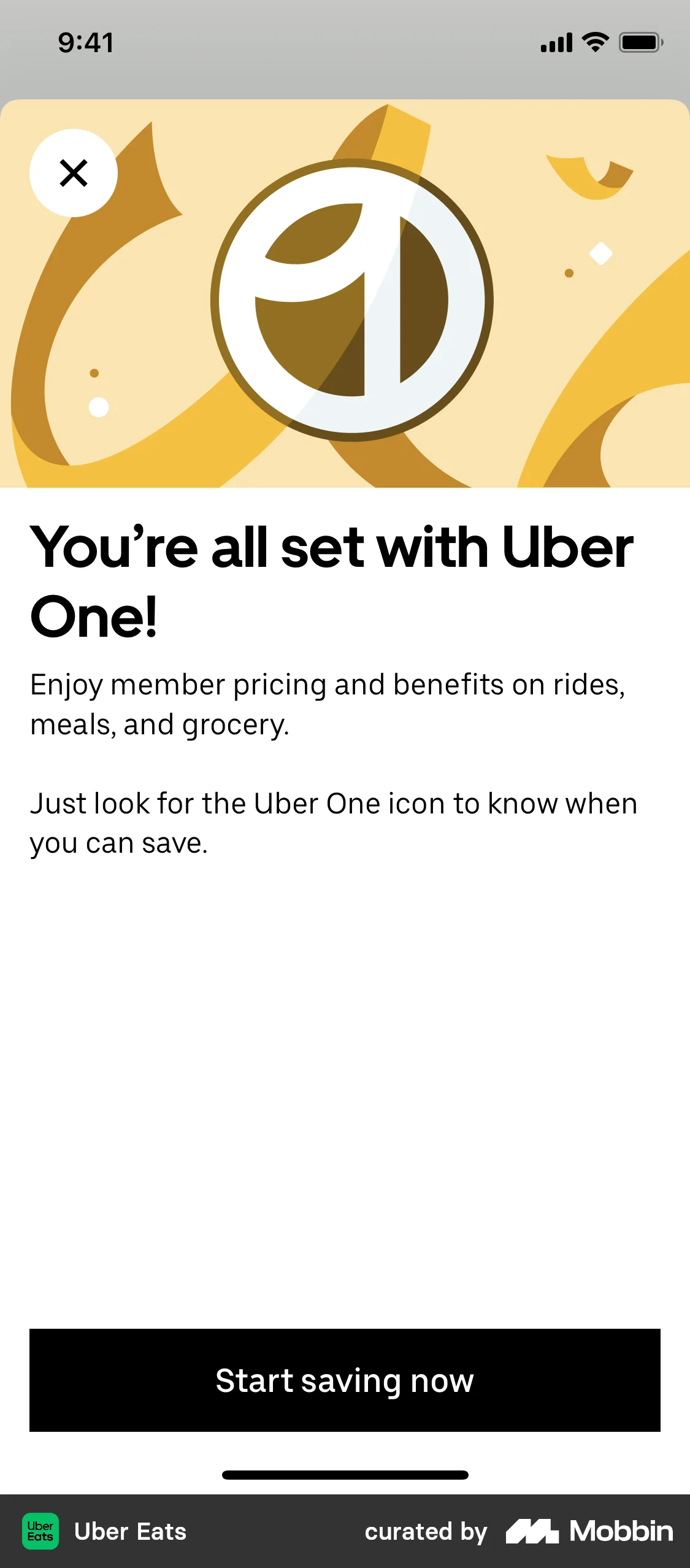 Uber Eats Subscribing to Uber One screen