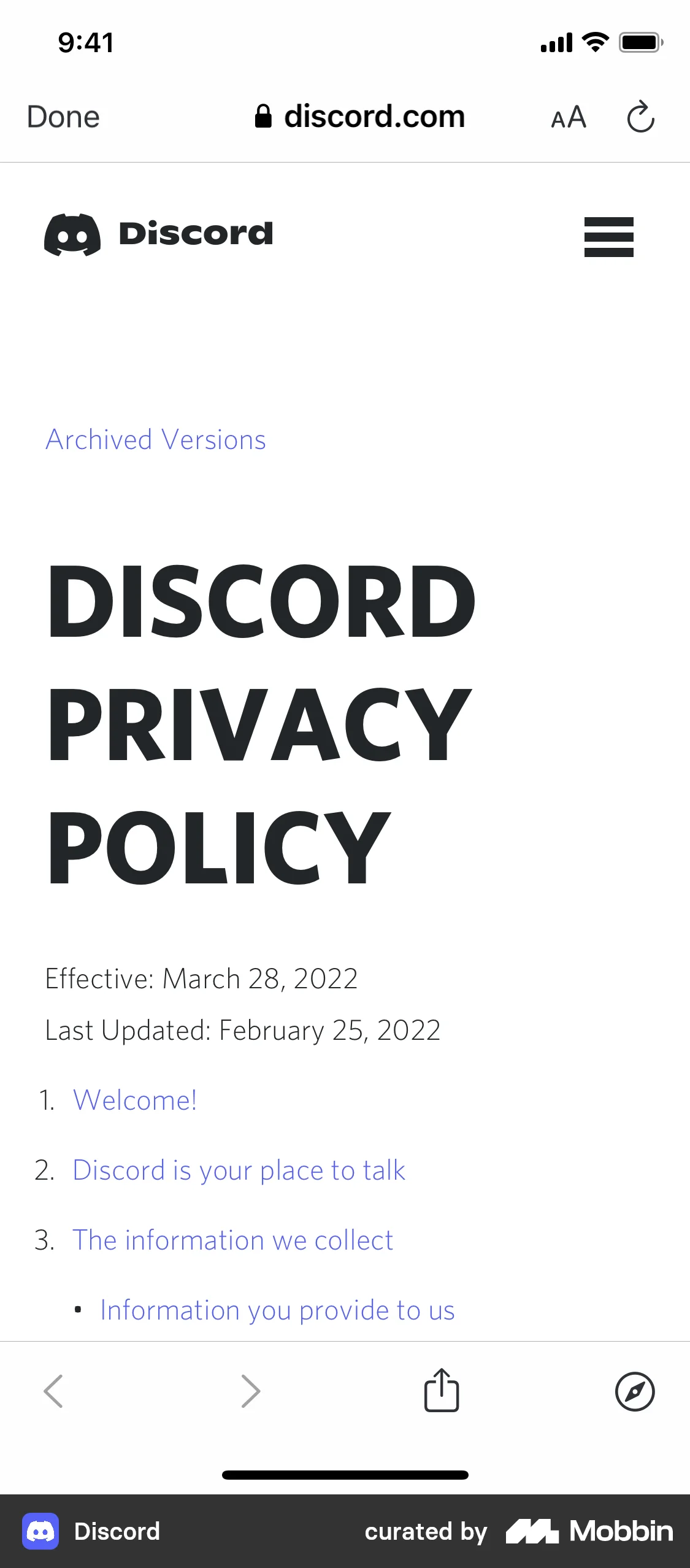 Discord Privacy policy screen