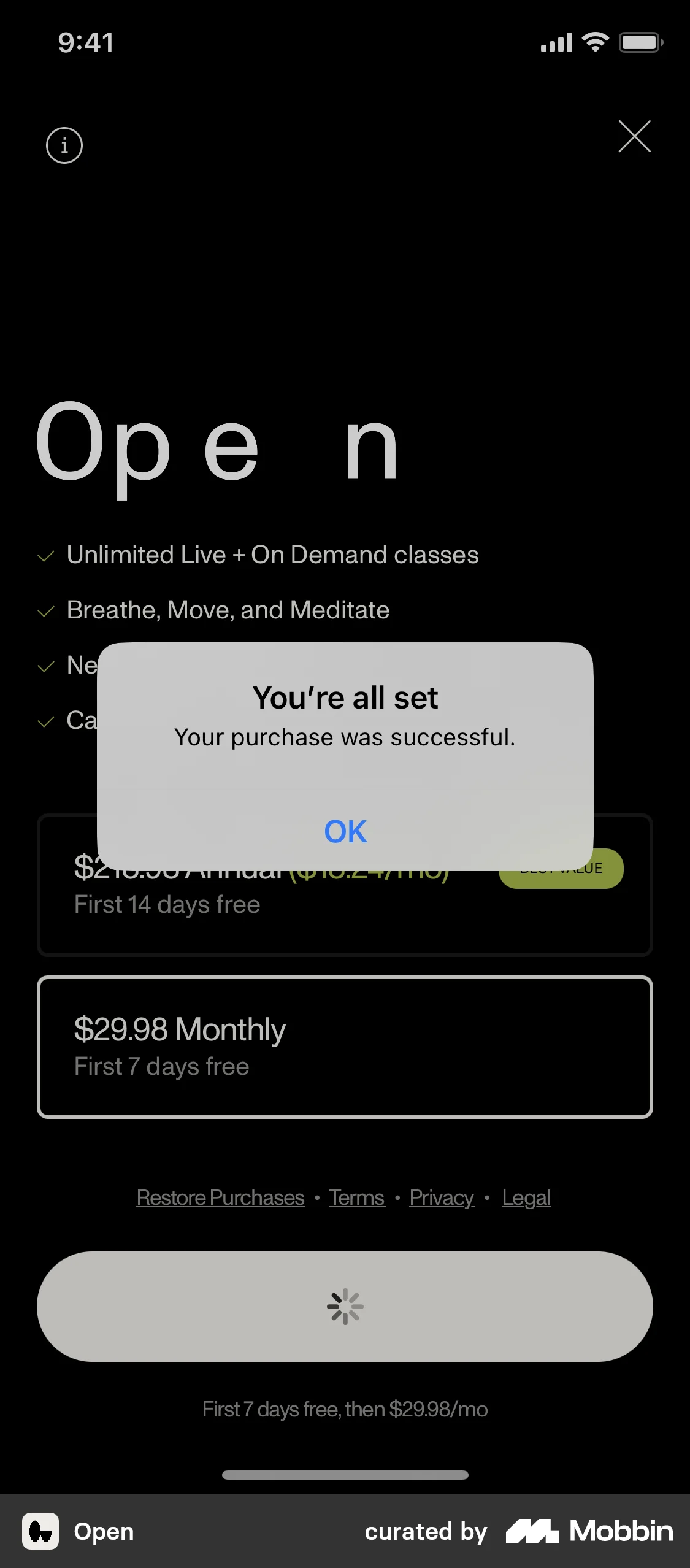 Open Purchasing a subscription screen