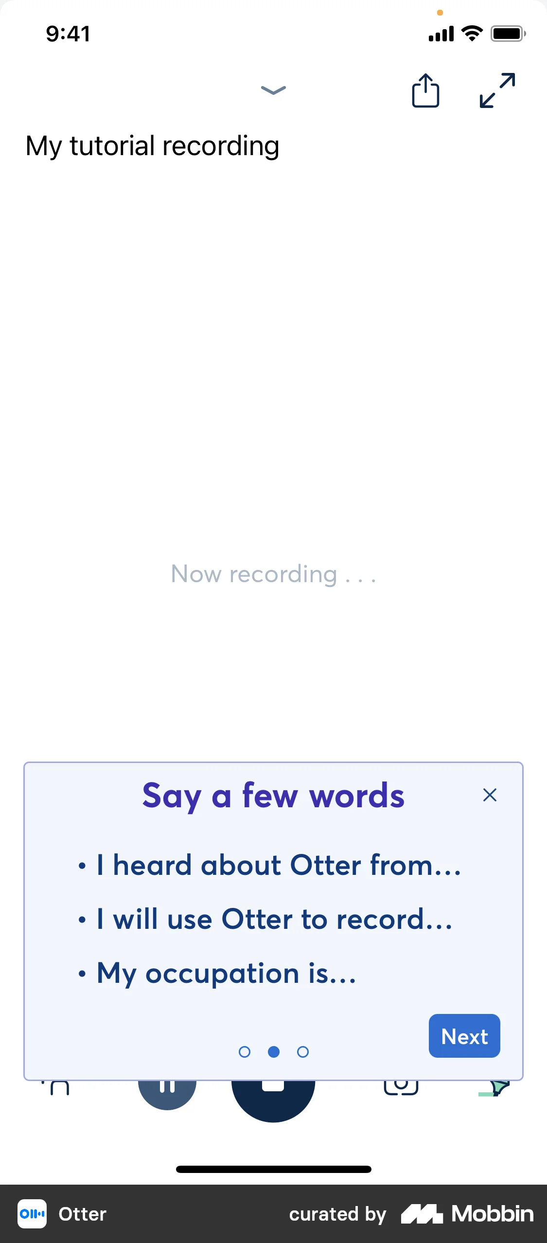 Otter.ai Browsing tutorial (recording conversation) screen