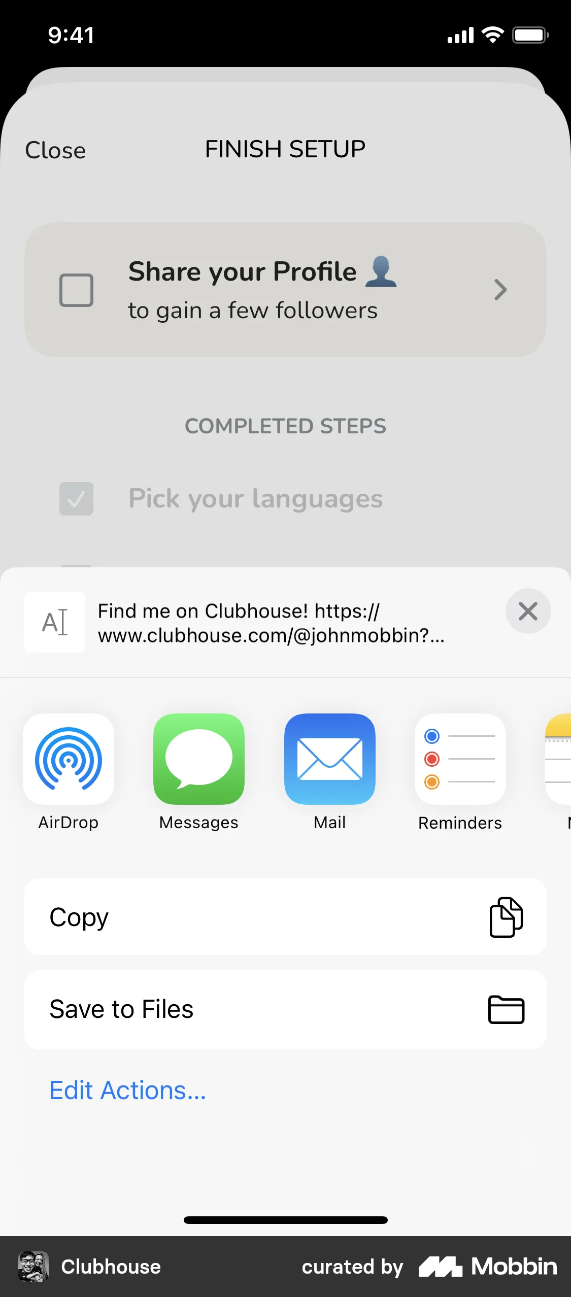 Clubhouse Completing account setup screen