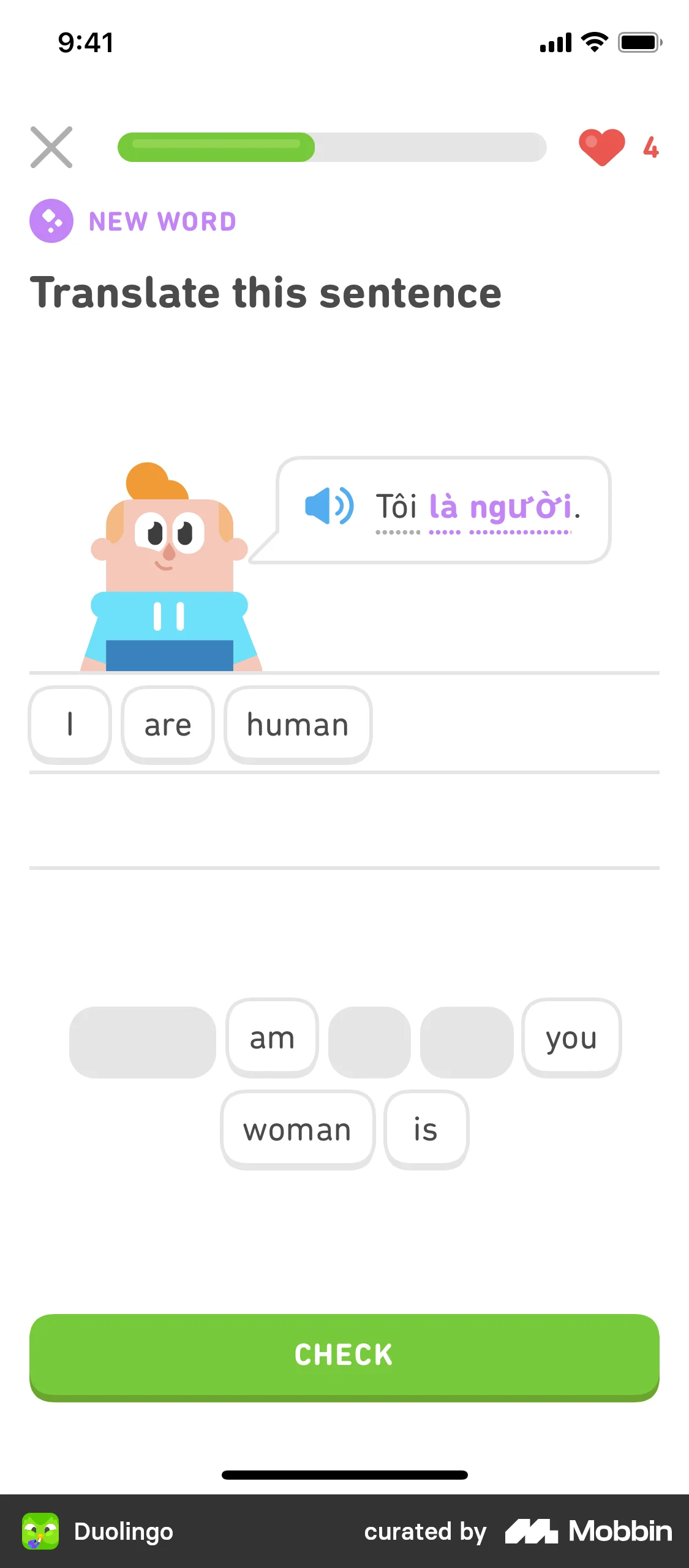 Duolingo Taking quiz to find level screen