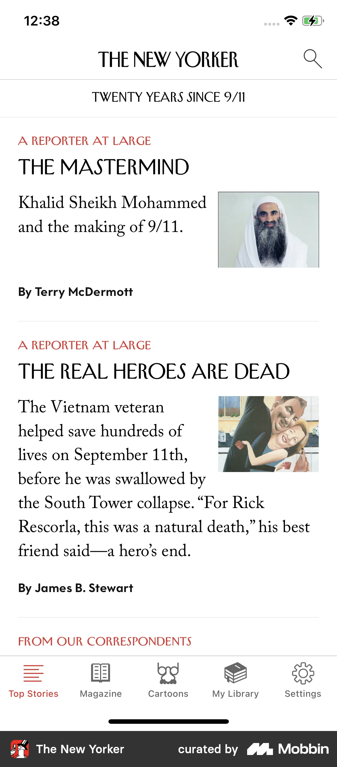 The New Yorker Top stories screen