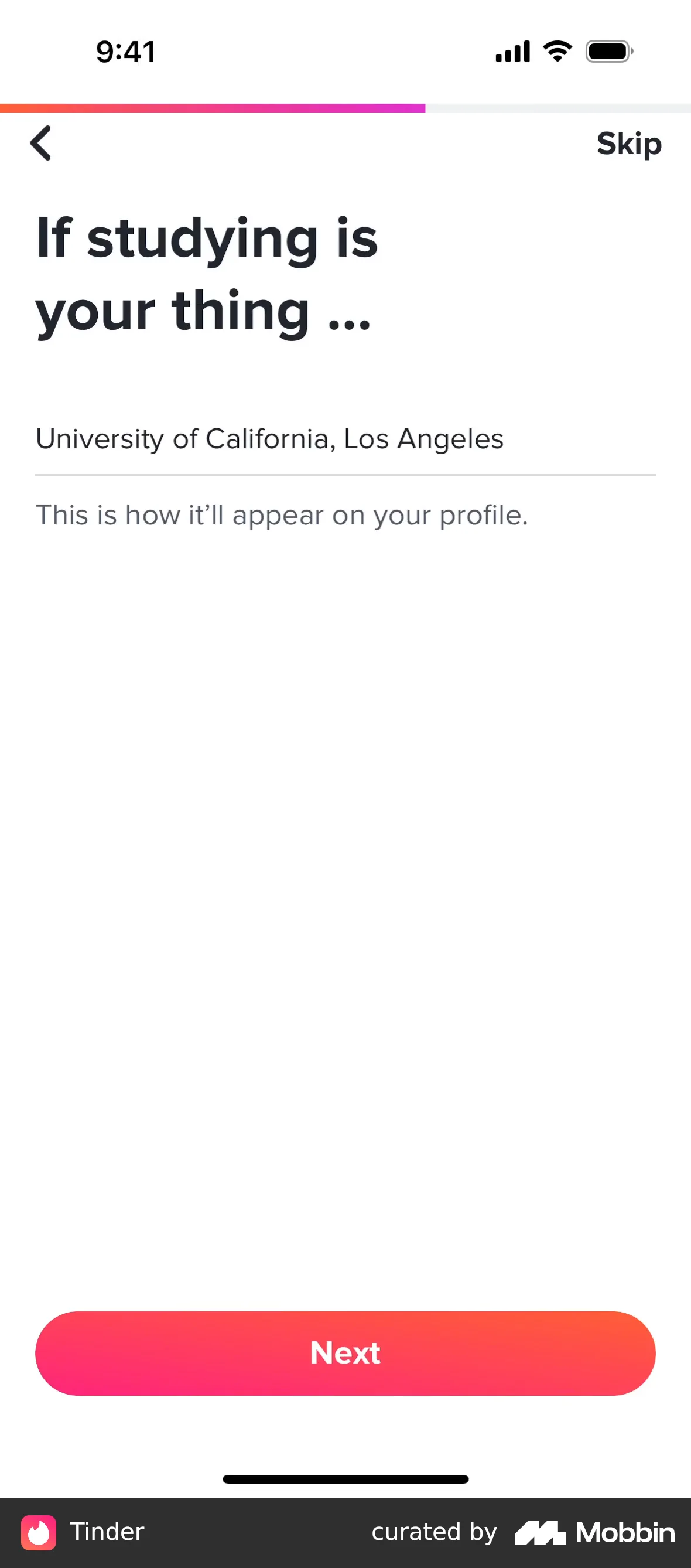 Tinder Setting up account screen