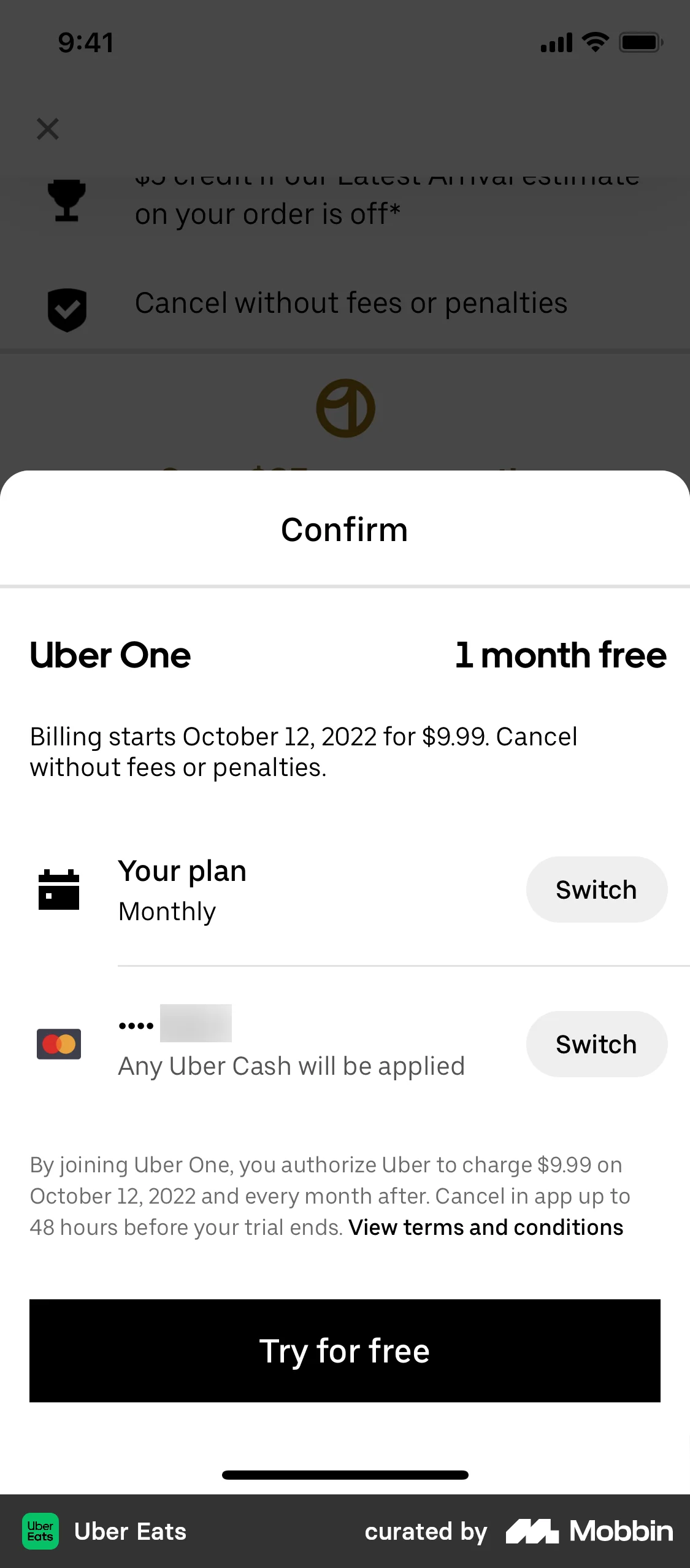 Uber Eats Subscribing to Uber One screen