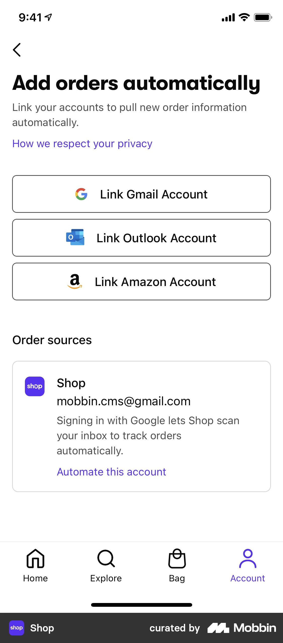 Shop Adding an account screen