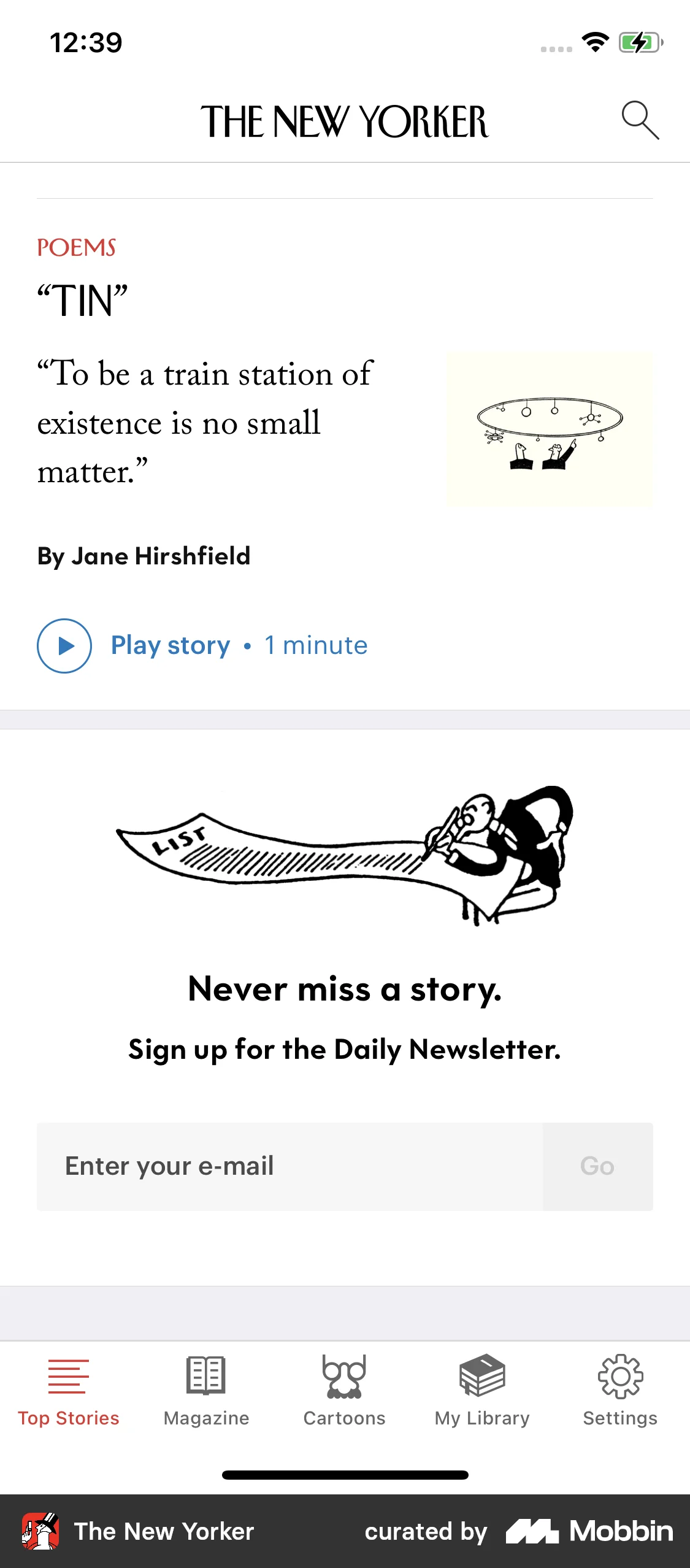The New Yorker Top stories screen