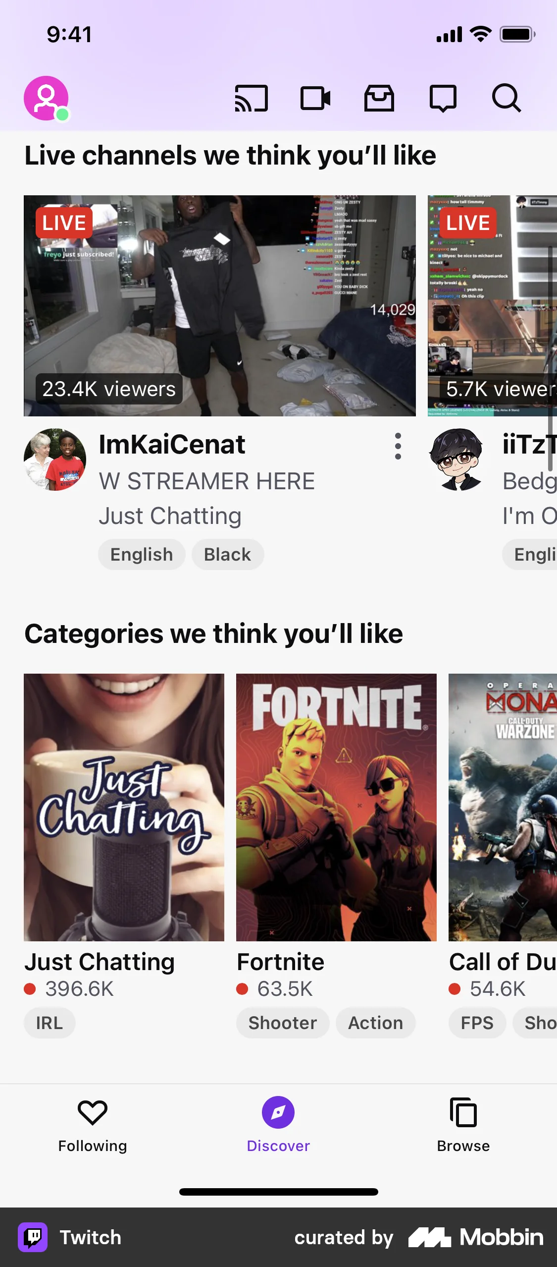 Twitch Discover screen