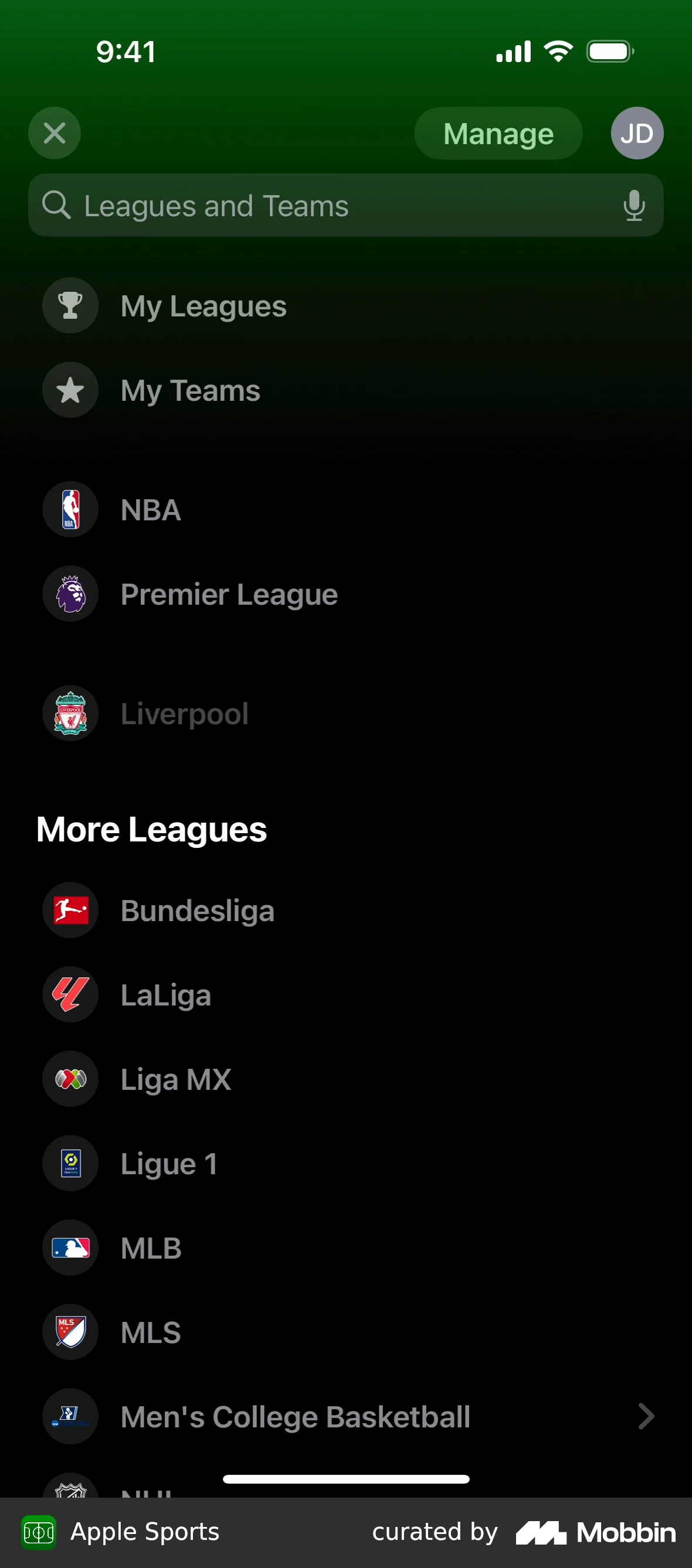 Apple Sports Searching a team screen