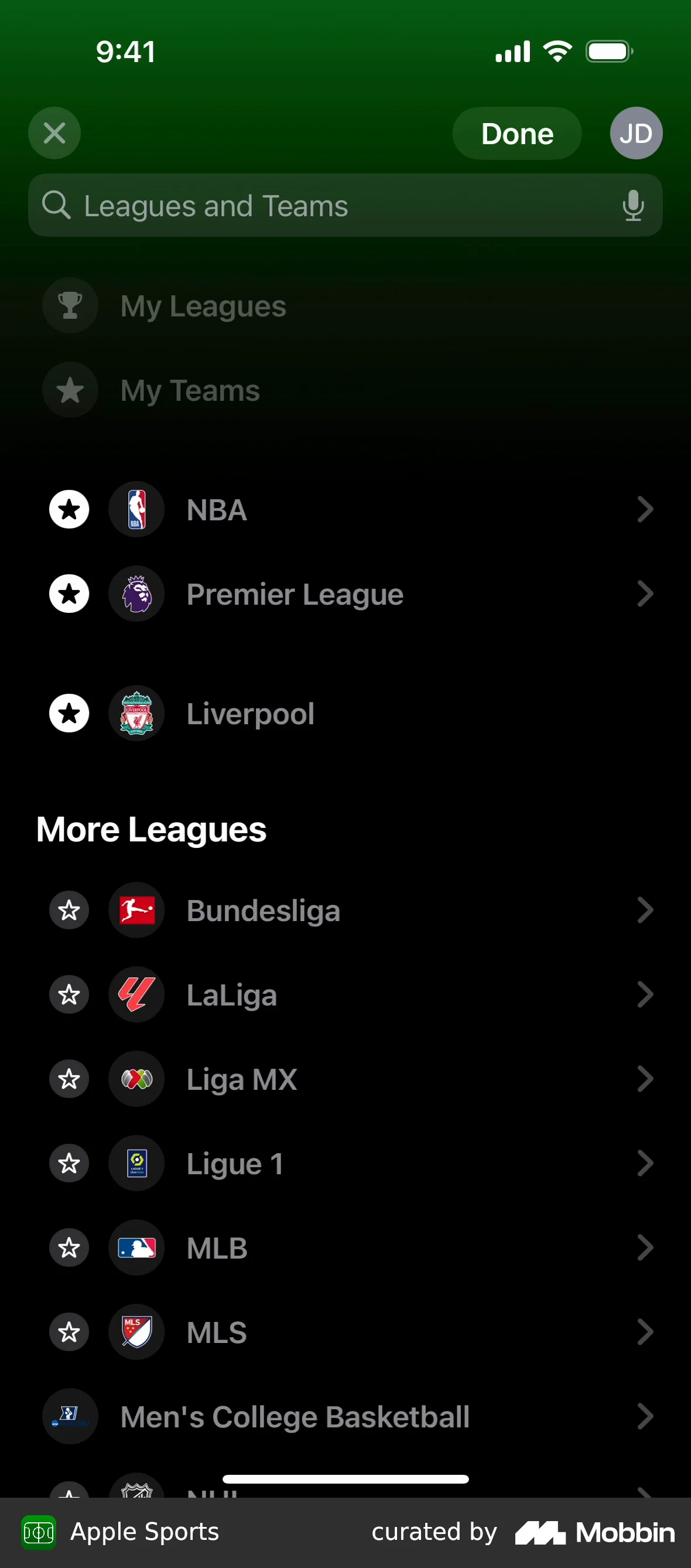 Apple Sports Searching a team screen