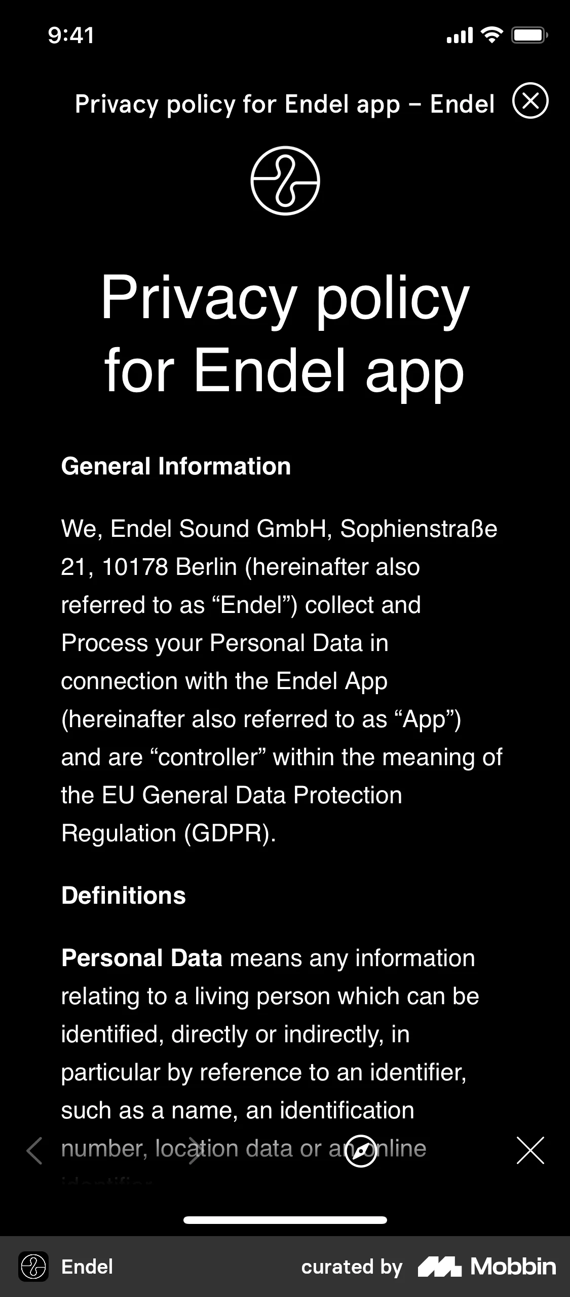 Endel Privacy policy screen