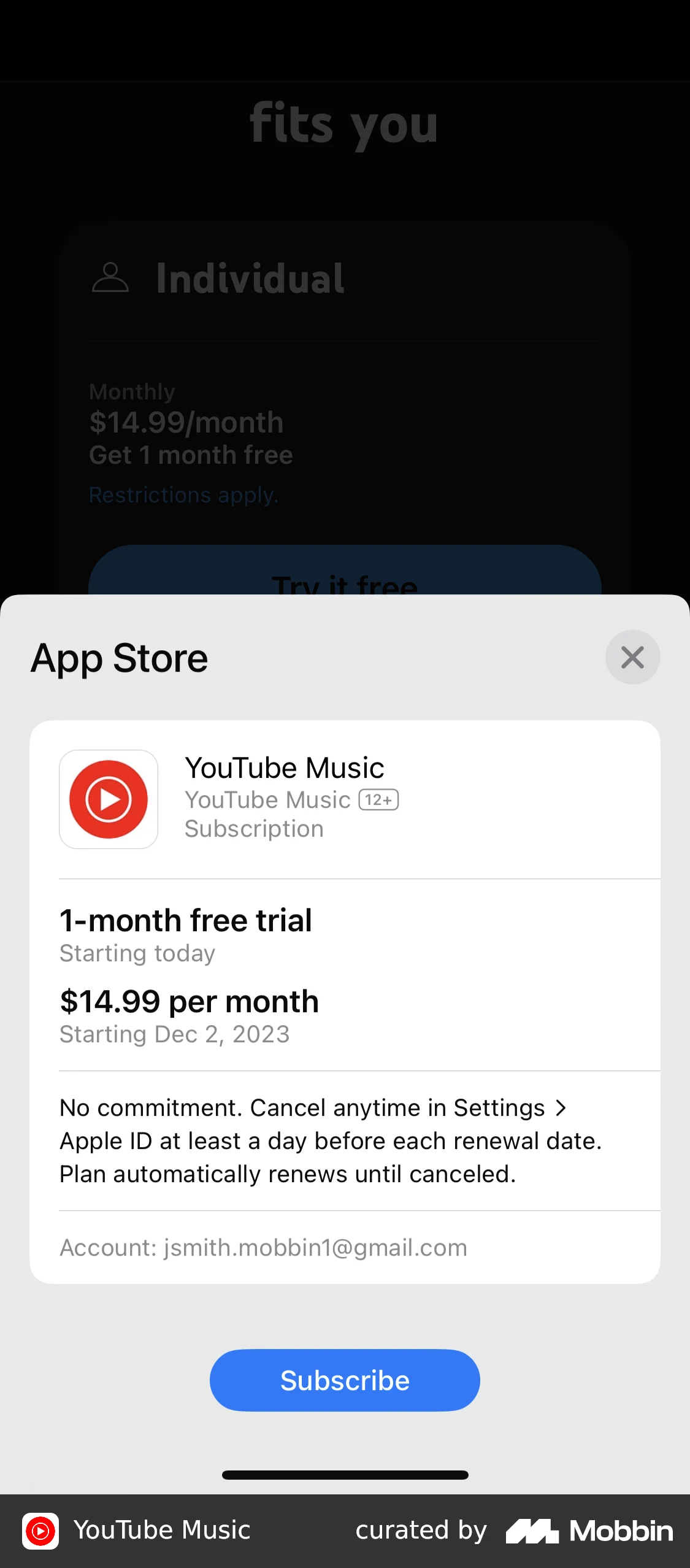 YouTube Music Subscribing to Music Premium screen