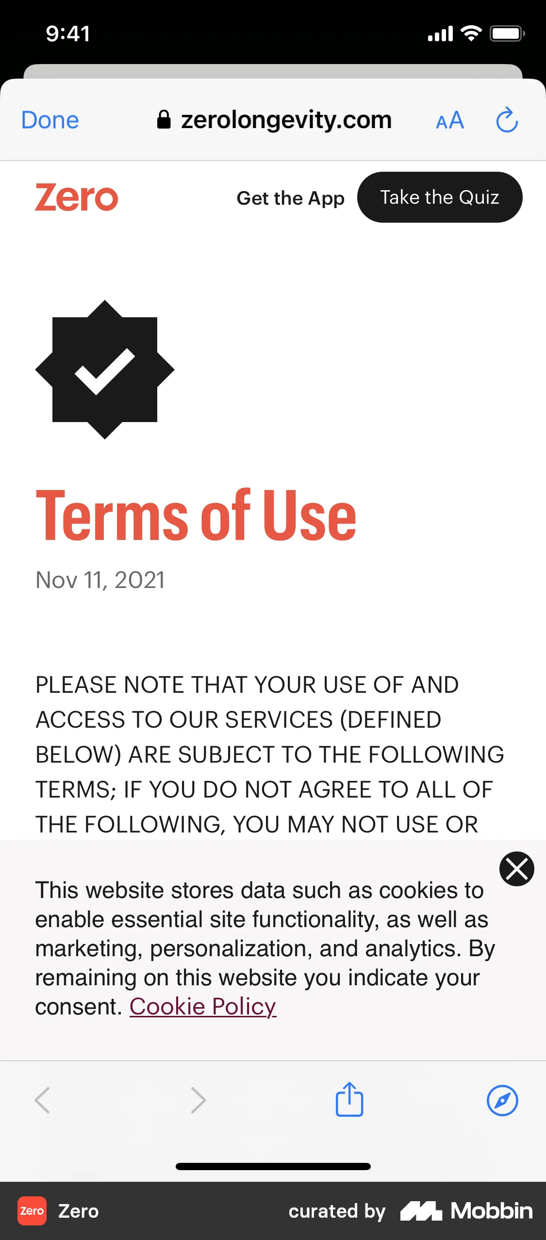 Zero Terms of use screen