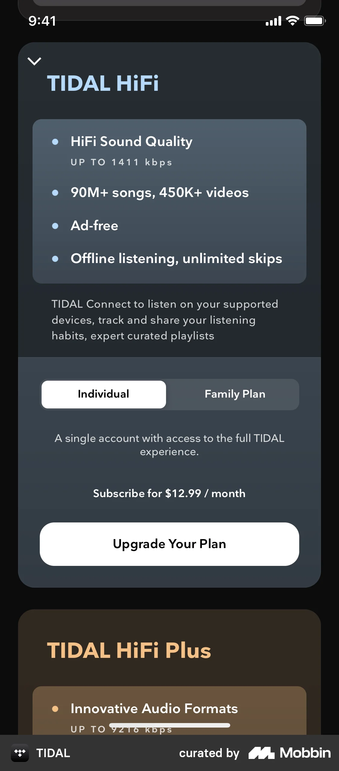 TIDAL Upgrade your plan screen