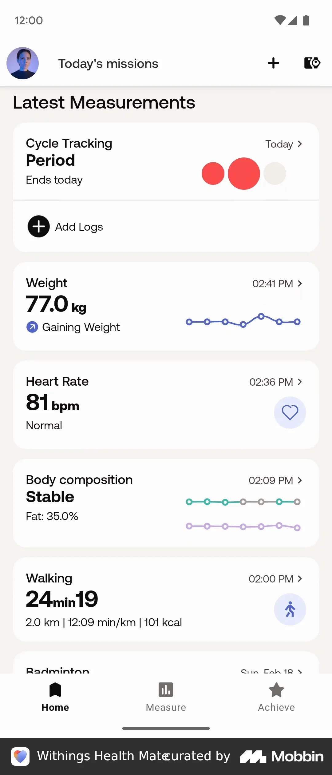 Withings Health Mate Home screen