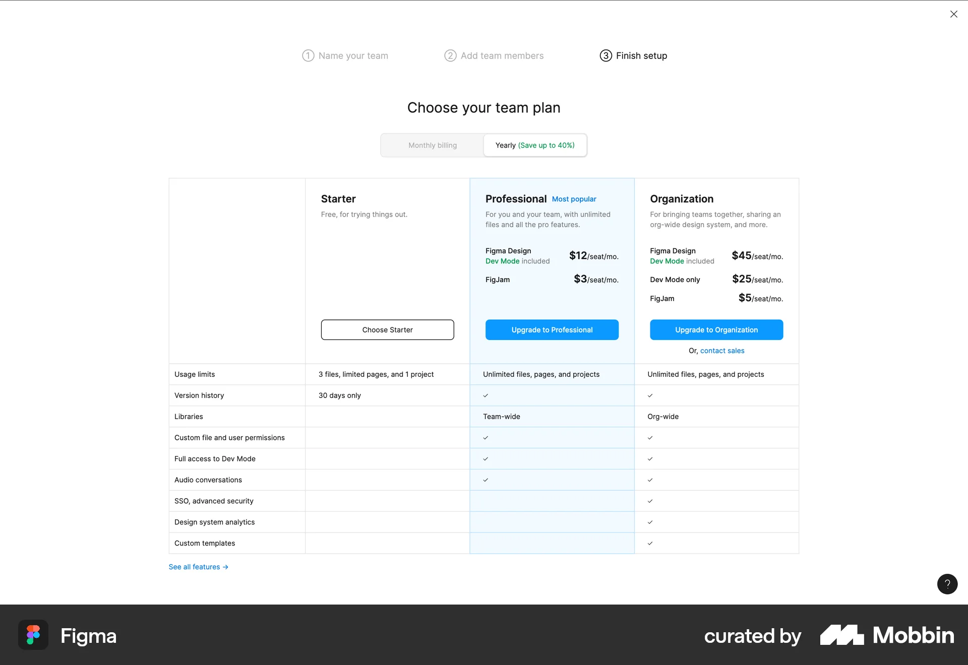 Figma Web Team plan selection | Mobbin