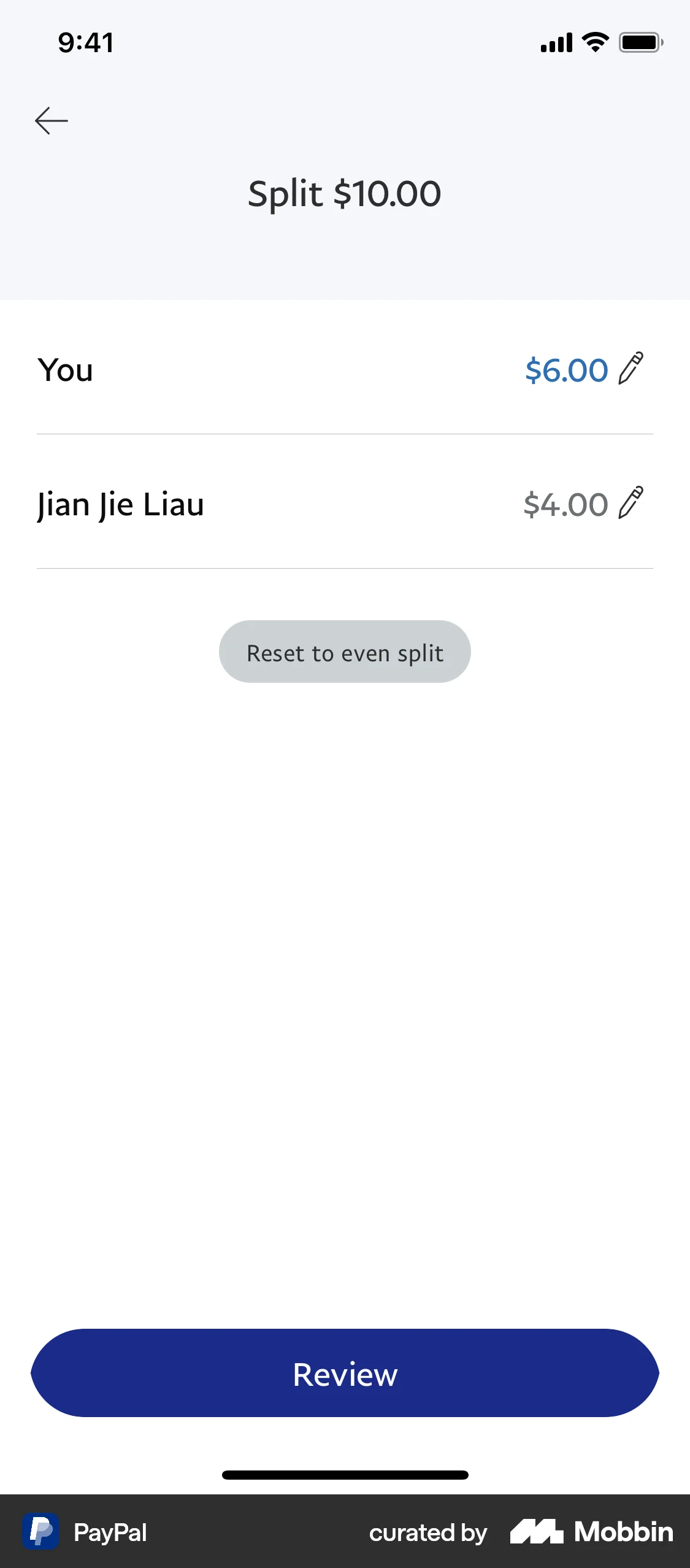 PayPal Requesting to split a bill screen