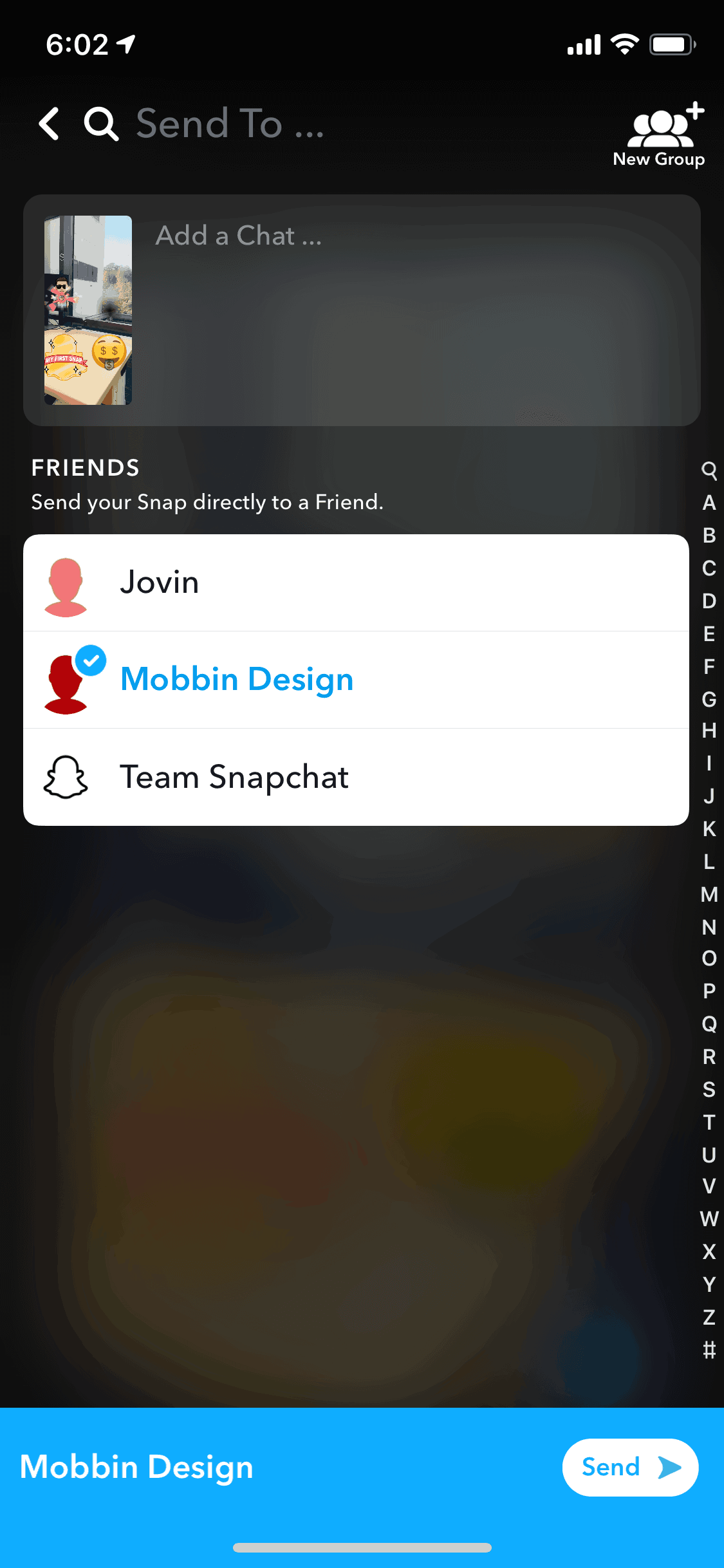 Snapchat iOS SendTo | Mobbin