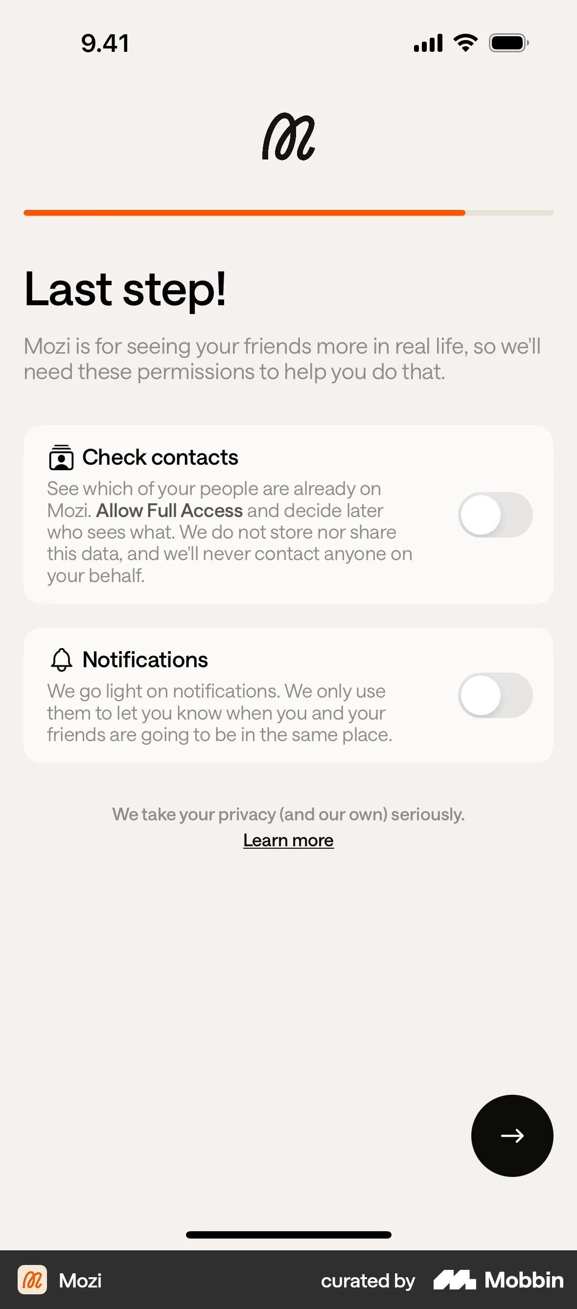 Mozi Onboarding screen