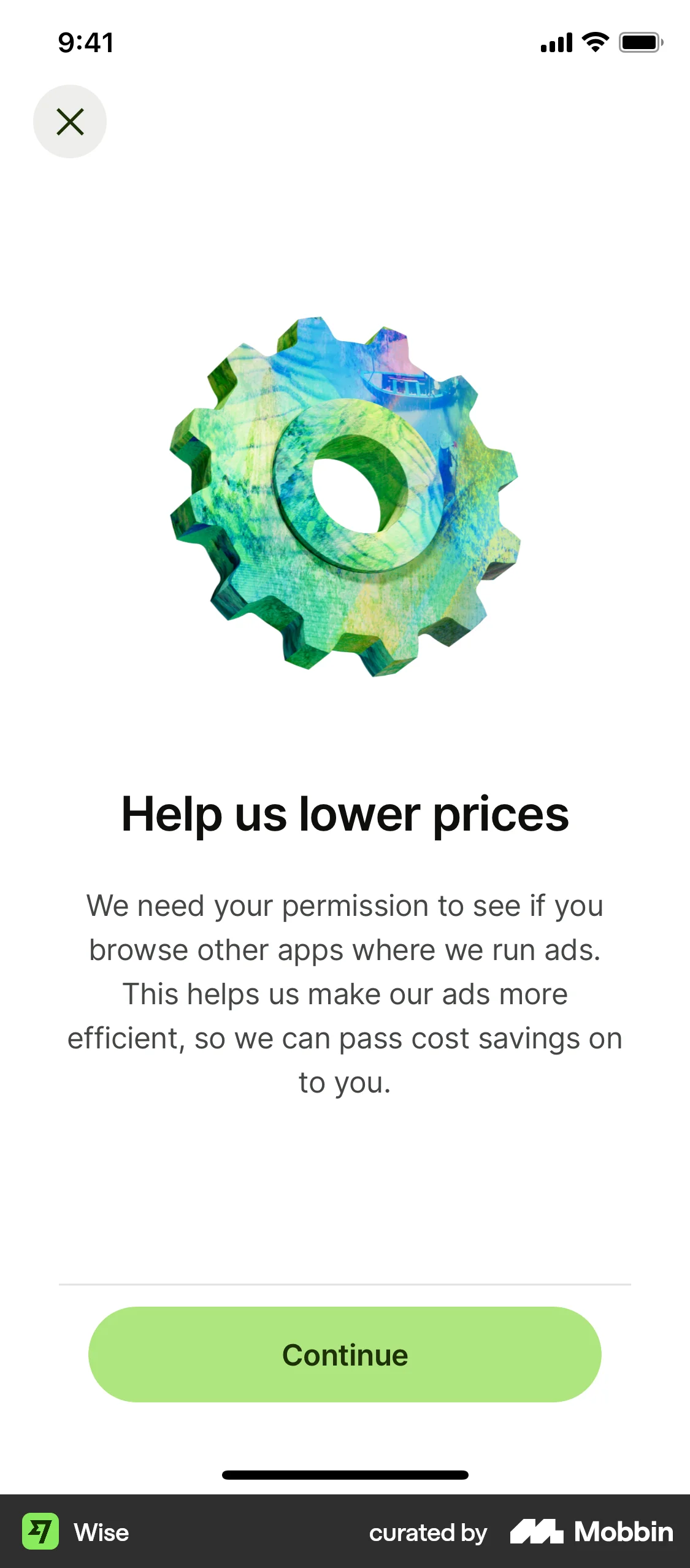 Wise Onboarding screen