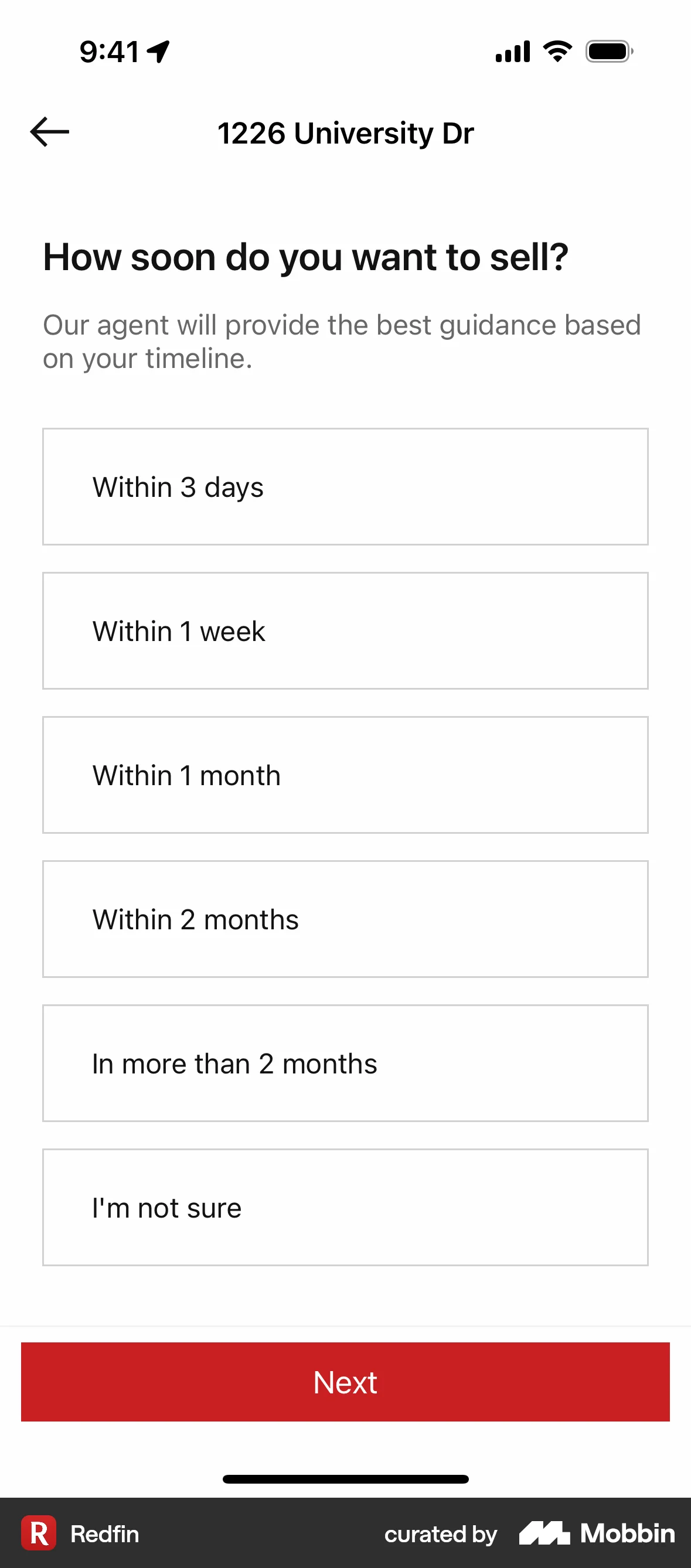 Redfin Scheduling a selling consultation screen