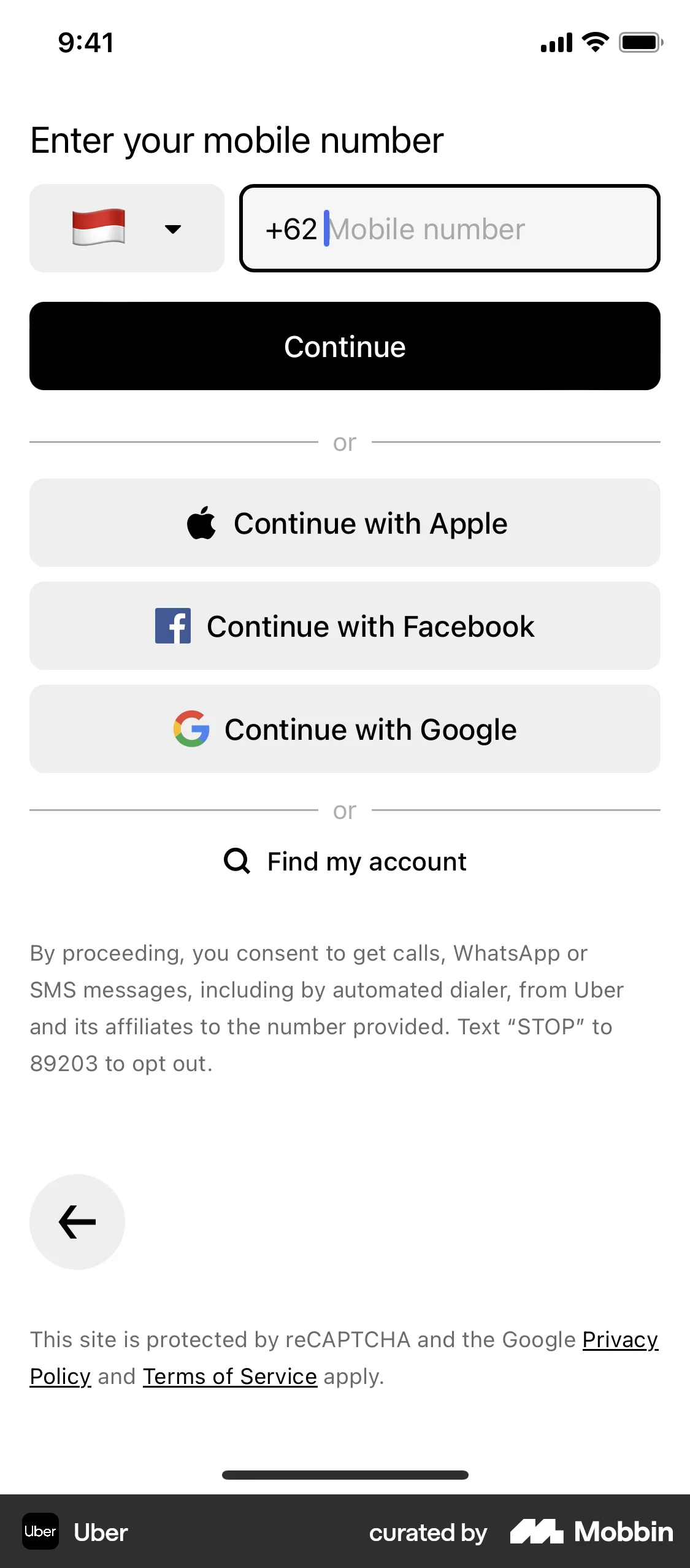 Uber Onboarding screen