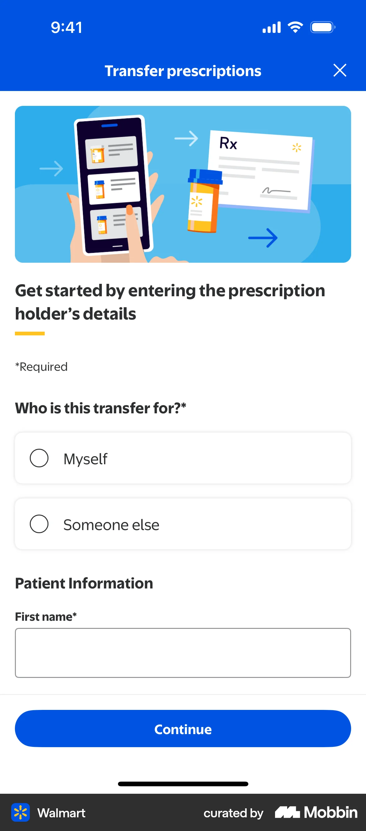 Walmart Requesting prescription transfer screen