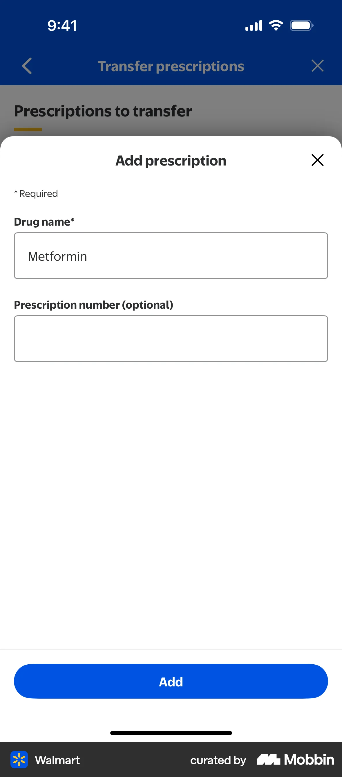 Walmart Requesting prescription transfer screen