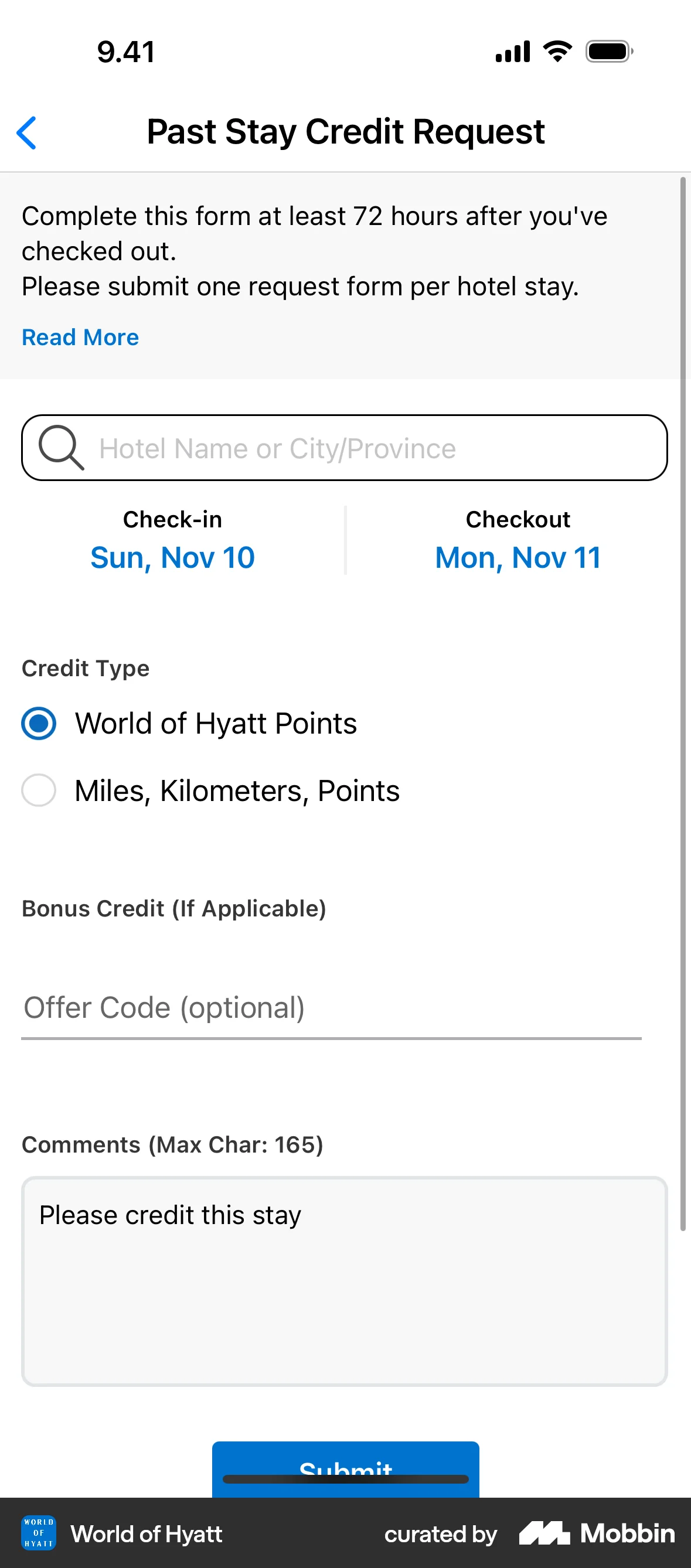World of Hyatt Requesting missing stay credit screen