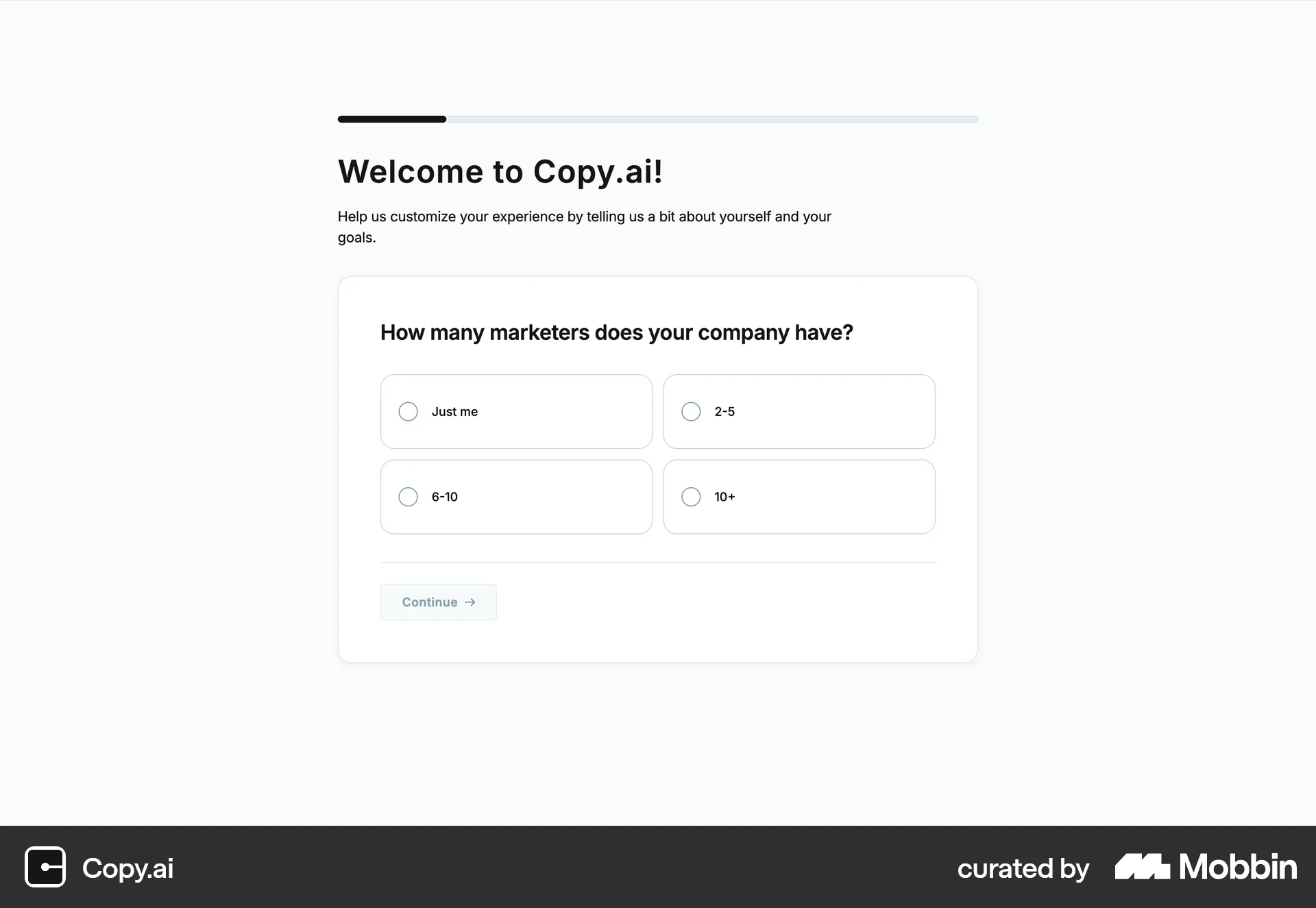 Copy.ai Onboarding screen